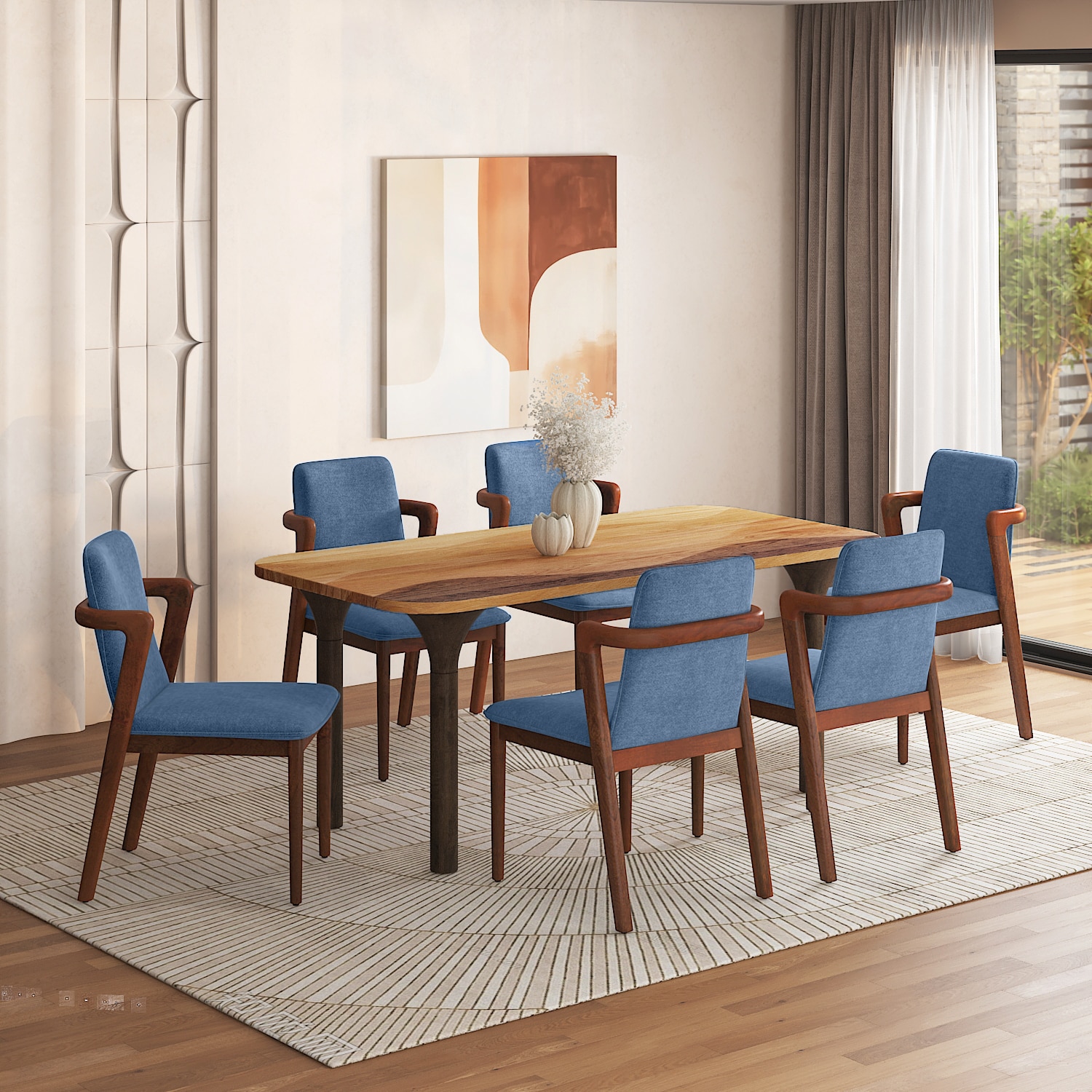 Dune Solid Oak Wood Dining Table With 6 Harper Solid Wood Dining Chair