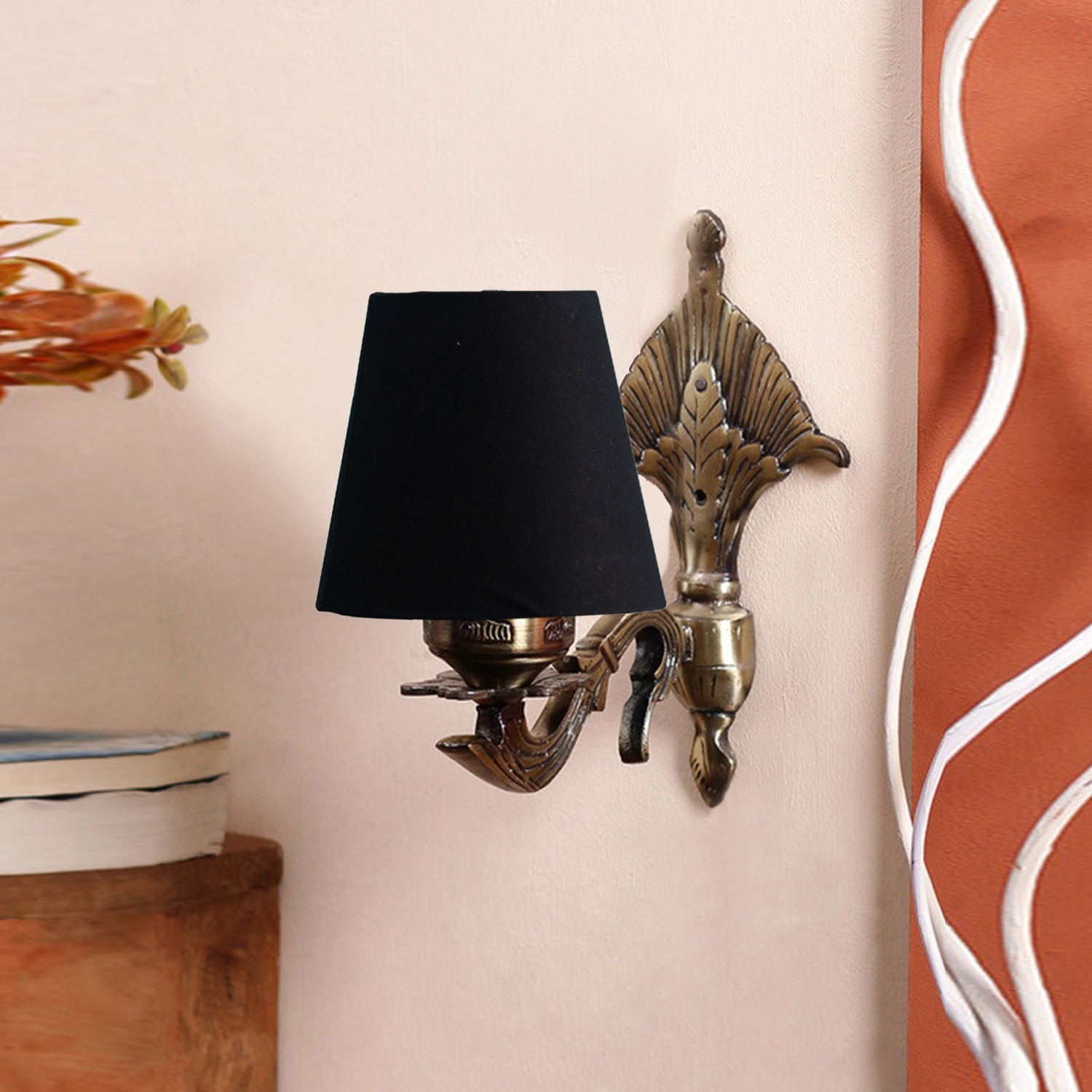 Devansh Metal Electric Wall Light in Antique Gold Colour with Black Shade Count of 1 Light - Devansh