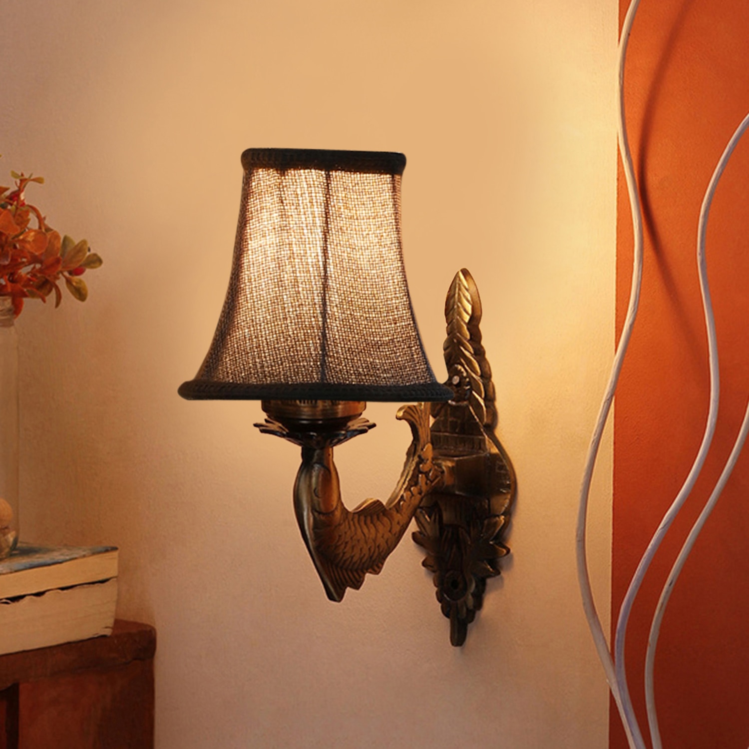 Devansh Gold Antique Wall Mounted Lamp With Beige Jute Shade