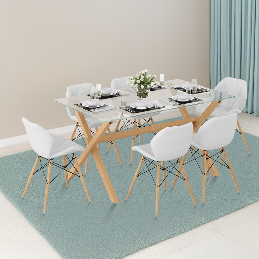 Nobu 6 Seater Glass Top Dining Table With Set Of 6 Ormond Chairs (Colour- White, Finish- Brown)