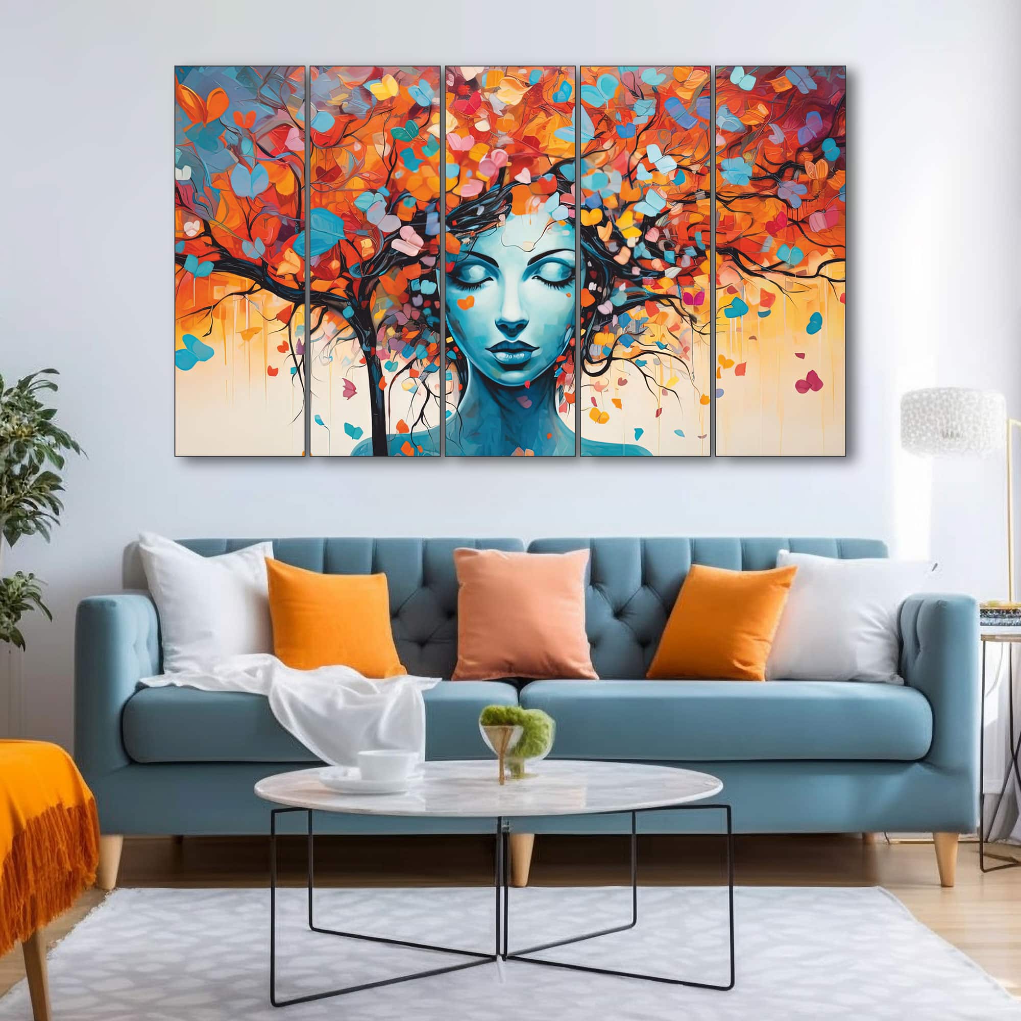 The Castle Decor Woman Butterfly Wall Art Set of 5 Wooden Framed Digital Painting 27x48 Inch - The Castle Decor
