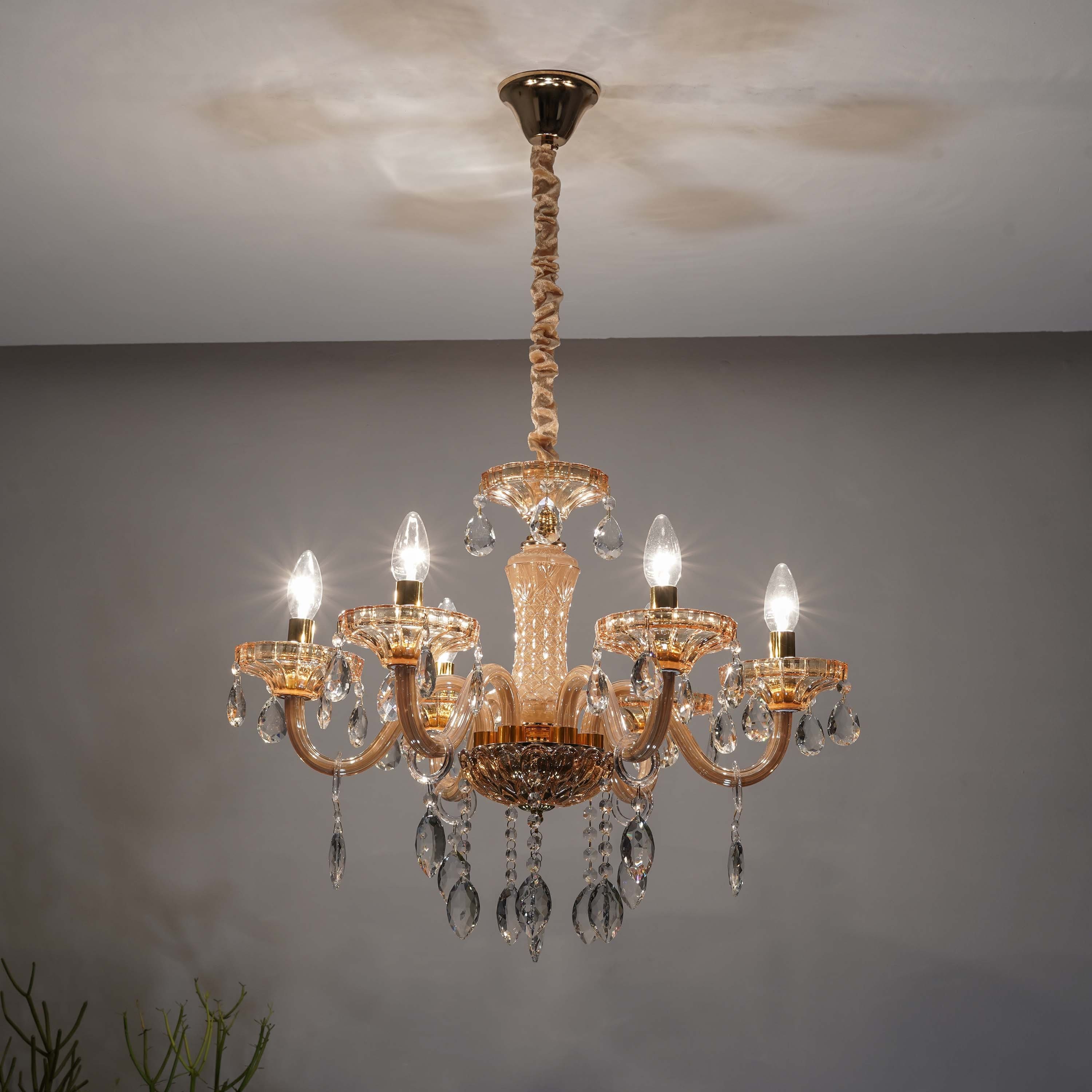 Marie Theresa 6 Arm Amber and Clear Crystal Chandelier