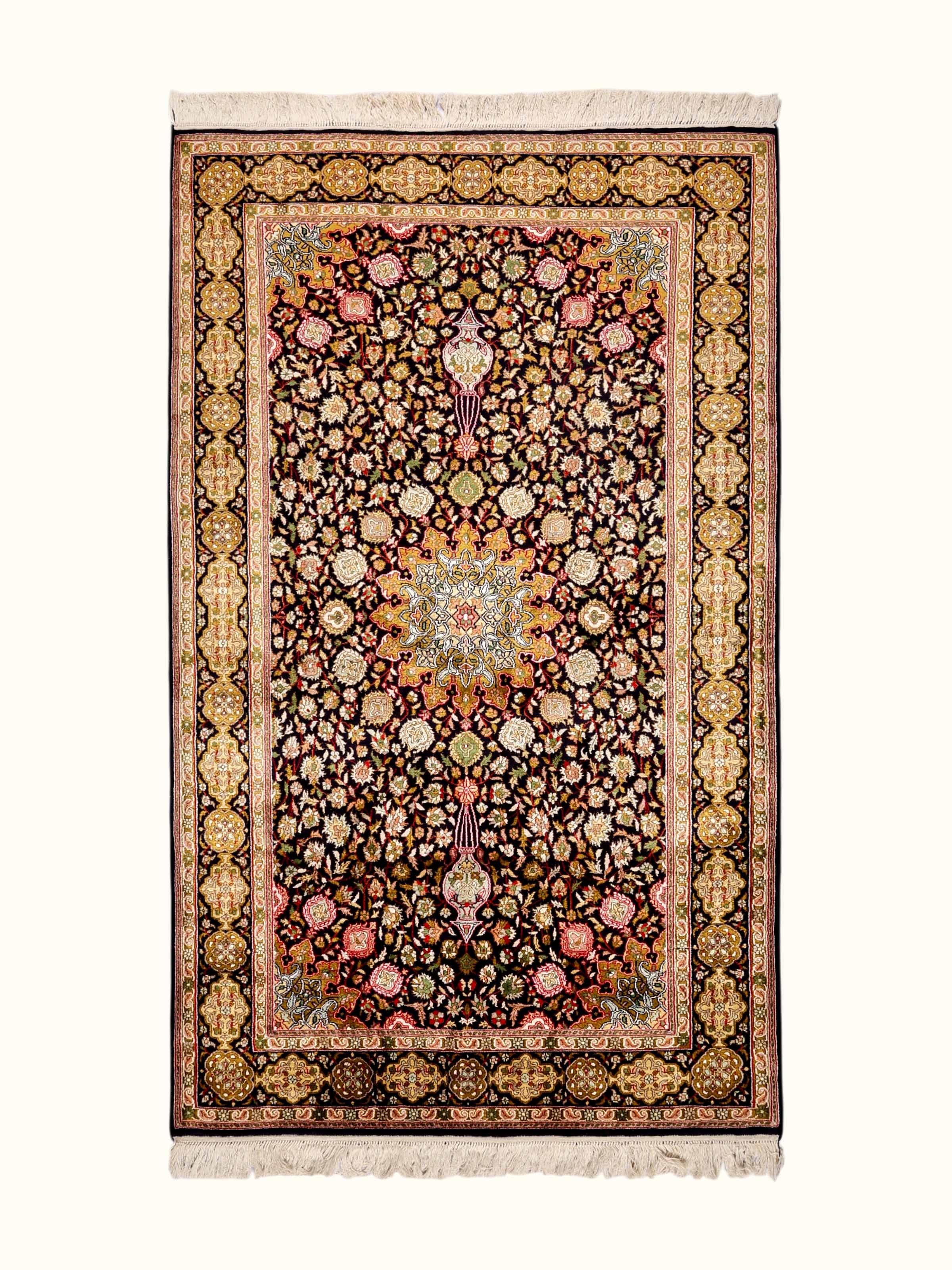 Traditional Persian Black Ochre Ardebil Kashmir Silk Hand-Knotted Carpet