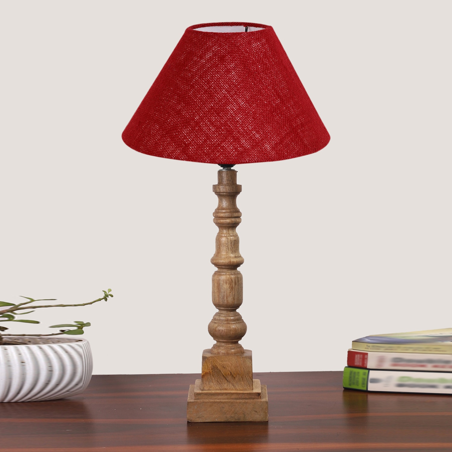 Devansh Maroon Jute Table Lamp With G Wood Natural Base (10X10X21 Inches)-36 - Devansh