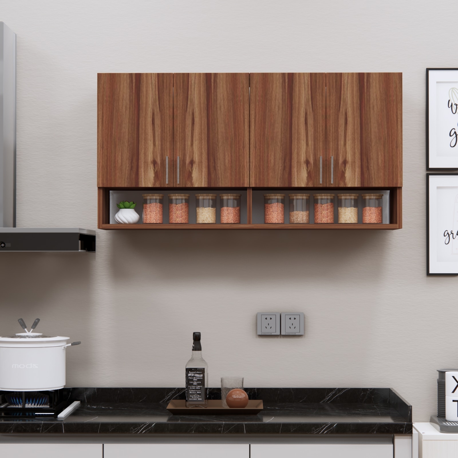 4 Doors Modular Wall Mounted Kitchen Cabinet With Organizer Shelf In Aisan Walnut Finish - Speciality Panels