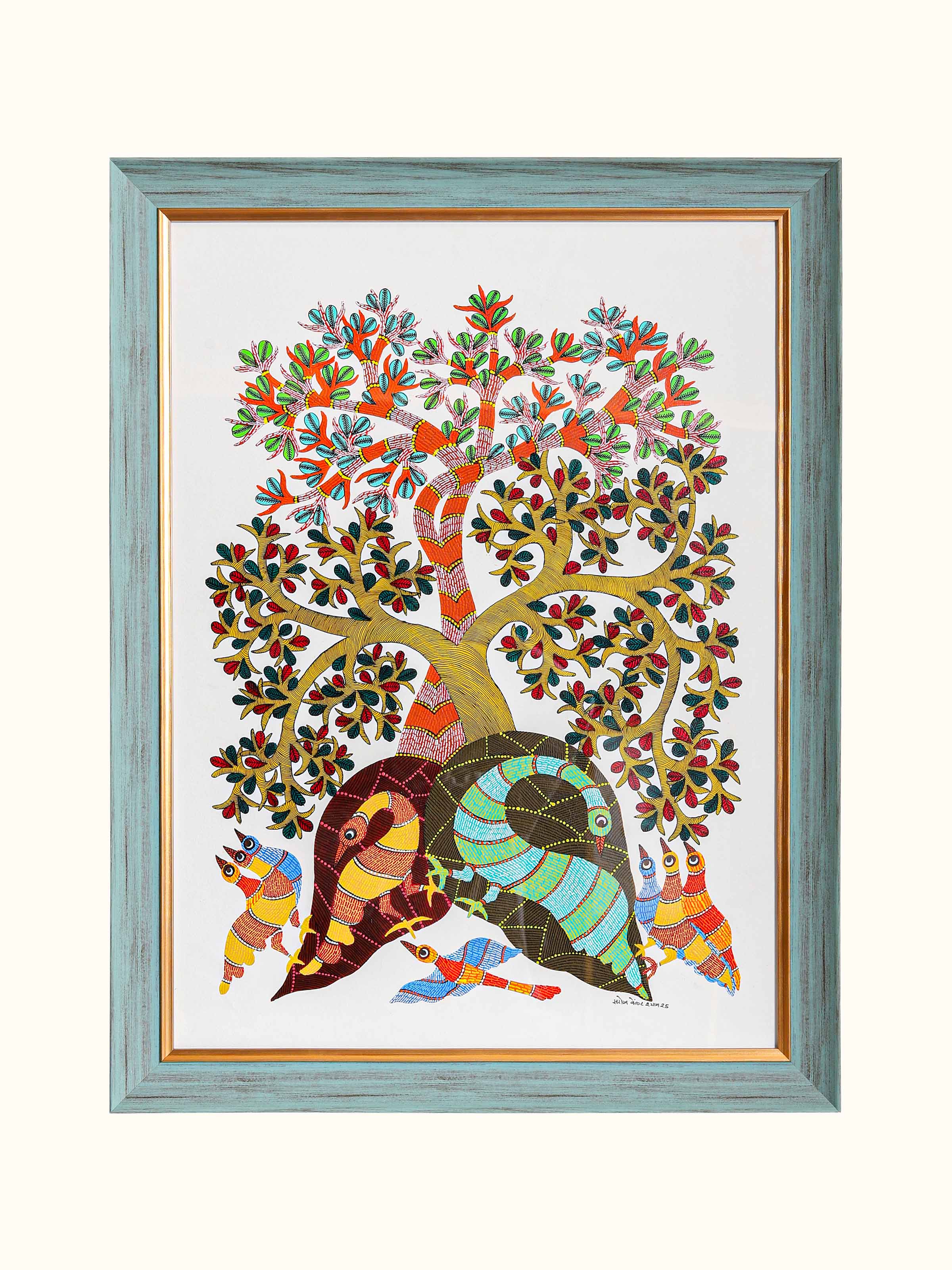 Peafowls Under Tree Gond Painting