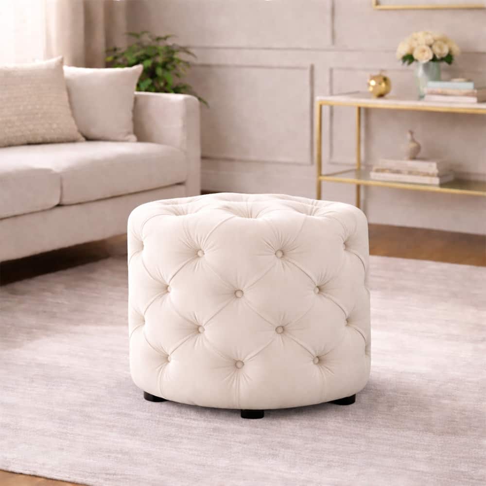 Doe Buck Briana Velvet Tufted Ottoman Cube in Off White Colour - Doe Buck
