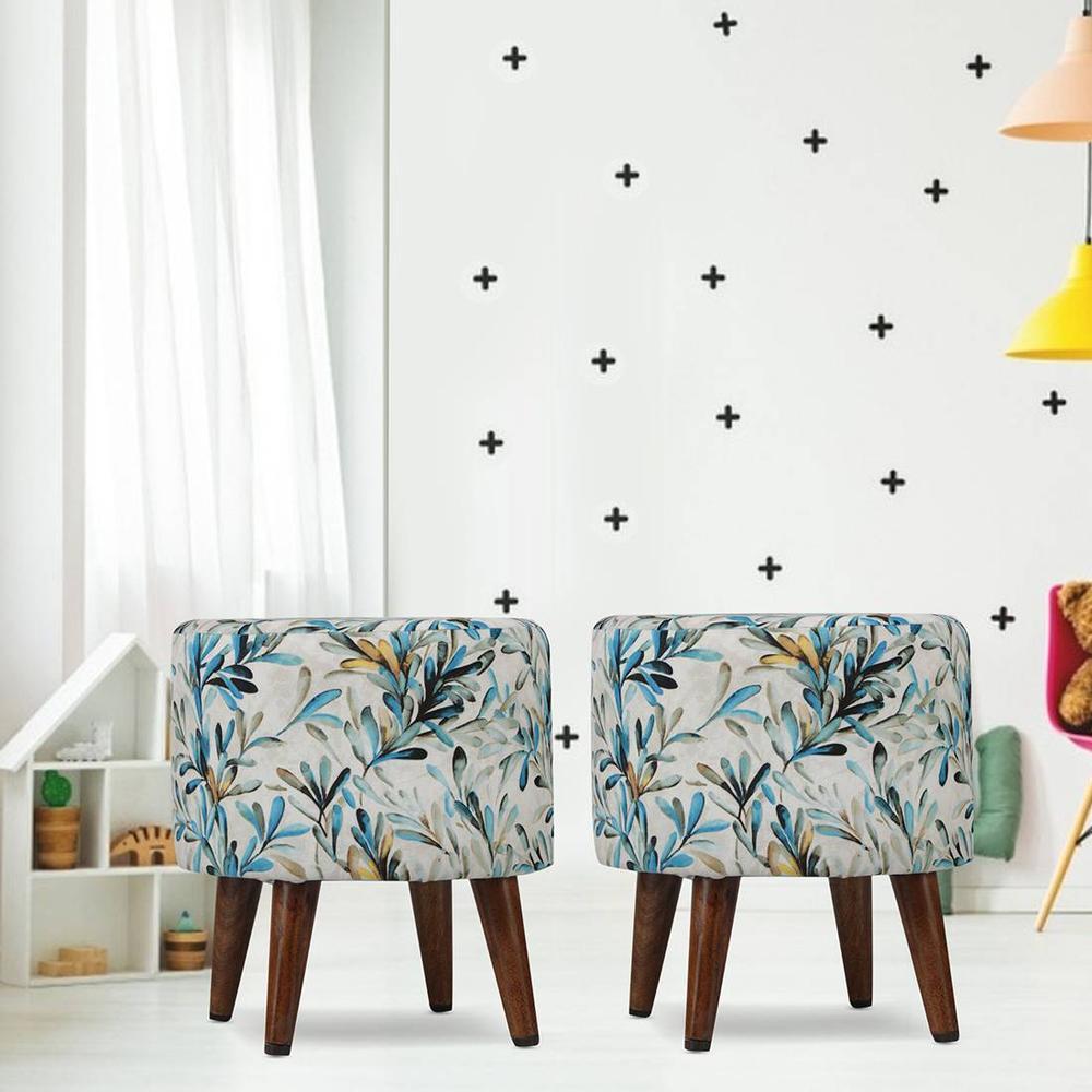 Evangeline Solid Wood  Ottomon in  Blue Colour