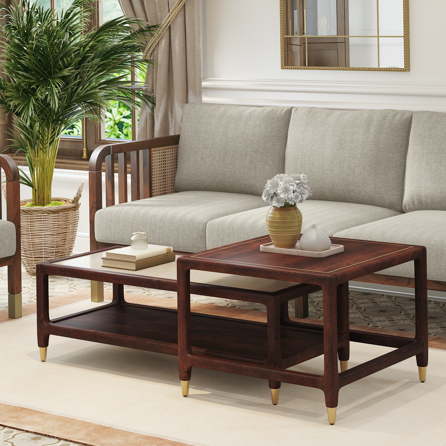 Sera Rectangular Marble and Square Solid Wood Nested Coffee Table in Walnut Finish - Urban Ladder