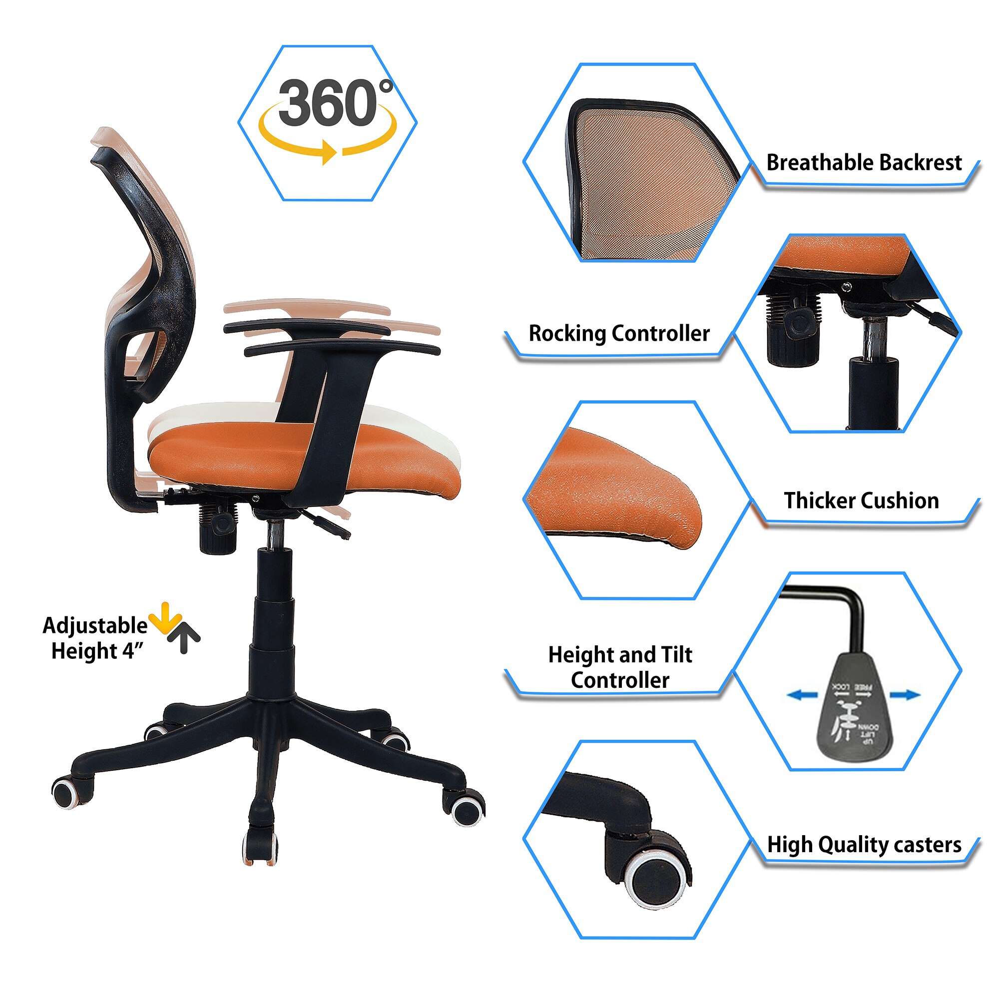Jaazza Low Back Ergonomic Chair in Orange Colour