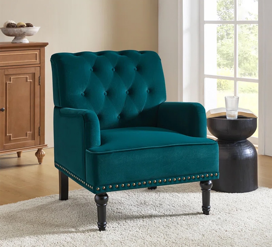 Velora Tufted Back Fabric Lounge Chair in Teal - KURSIWALLAH