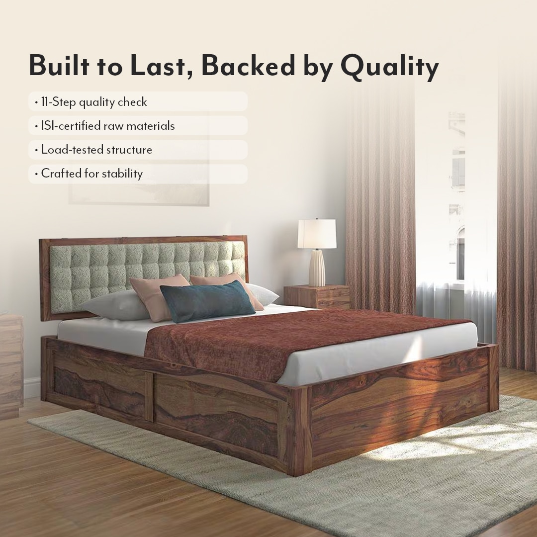 Florence Solid Wood King Size Hydraulic Storage Bed In Teak Finish