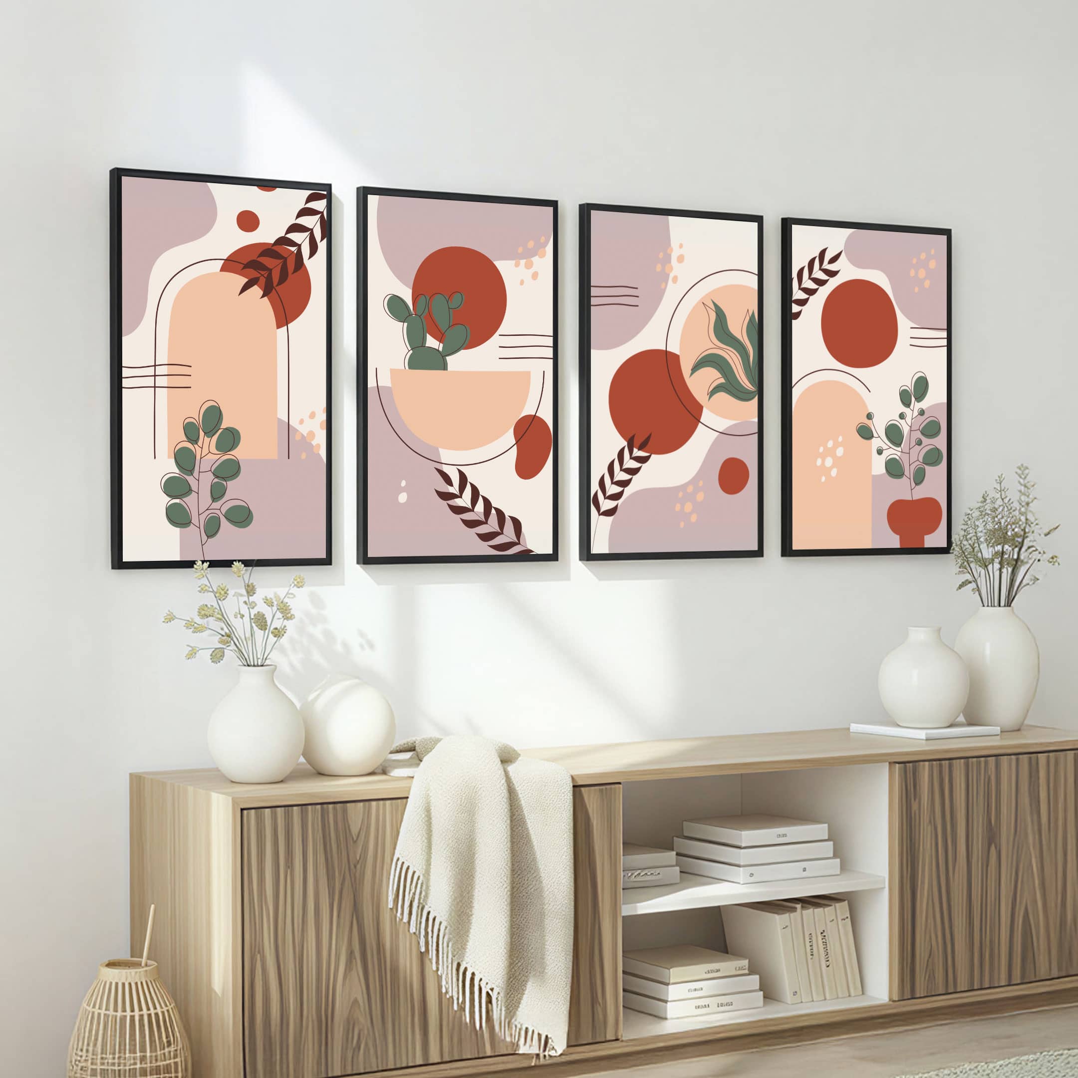 The Castle Decor Boho Abstract Botanical Wall Art Set of 4 Design 2 11x17 Inch - The Castle Decor
