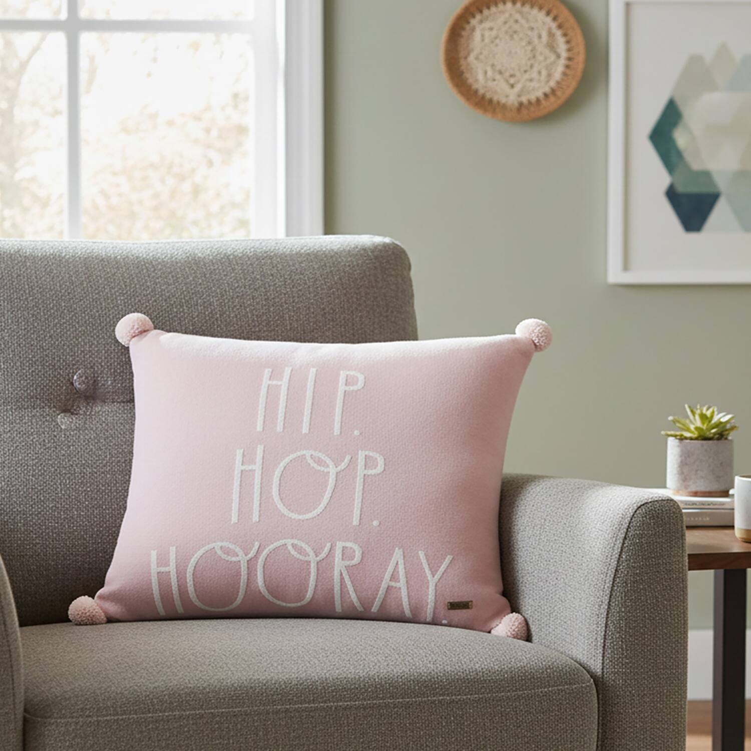 Hip Hop Hooray Jacquard Cushion Cover With Pom Poms  Pink 16X16 Inches - Pluchi