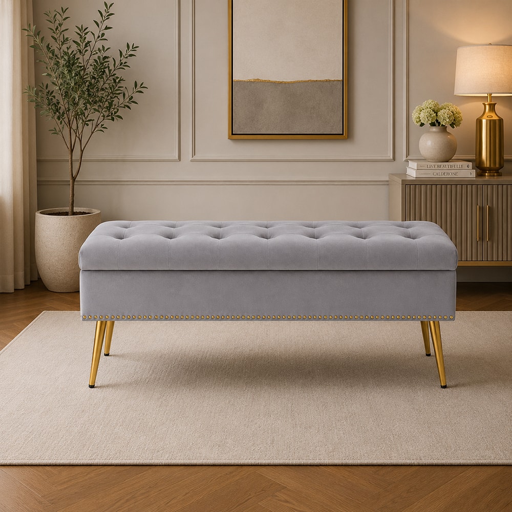 Doe Buck Velvet Tufted Storage Bench in Grey Colour with Gold Legs - Doe Buck