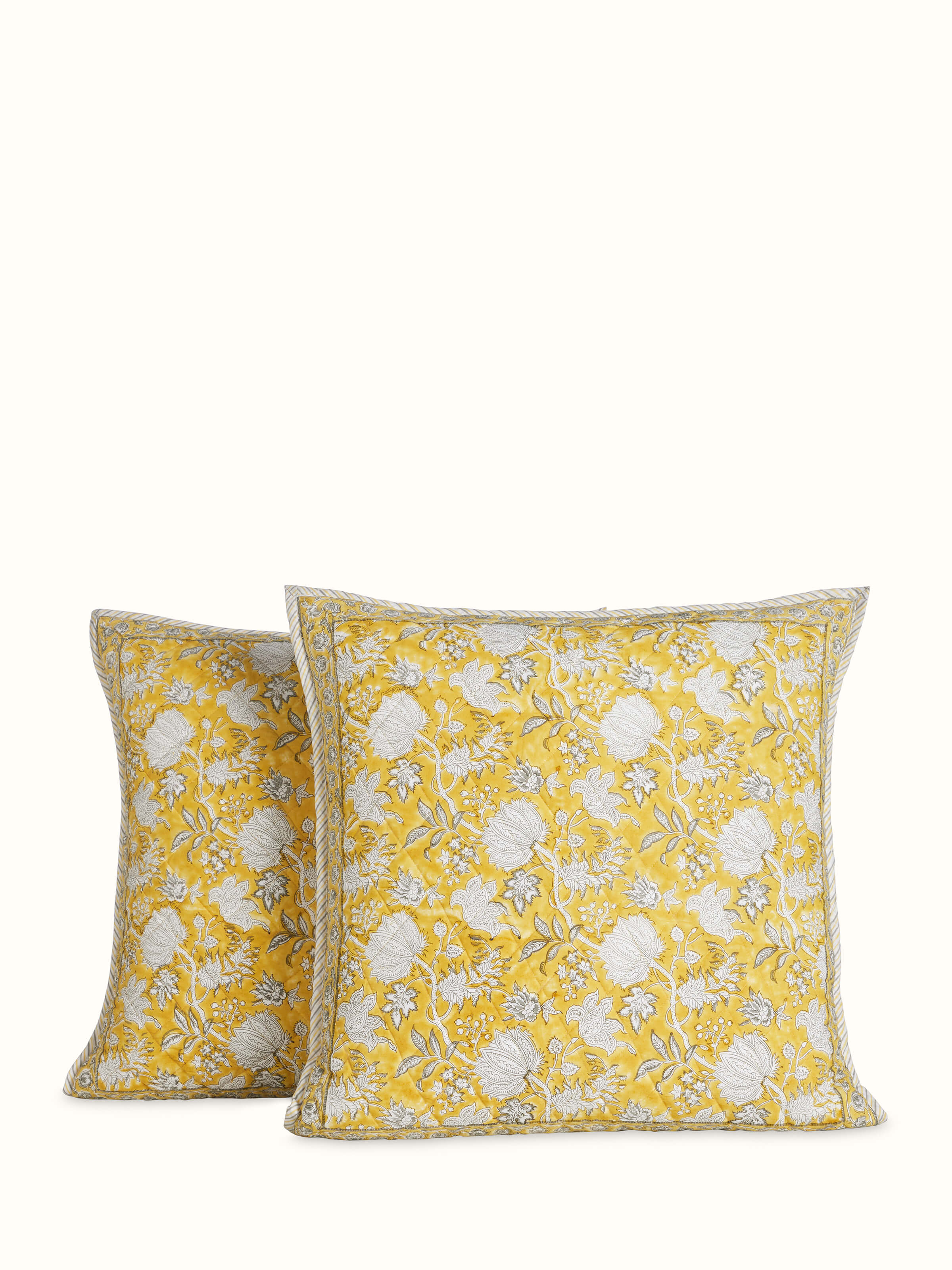 Front view of yellow floral Sanganeri hand block print euro shams set of 2 in cotton.