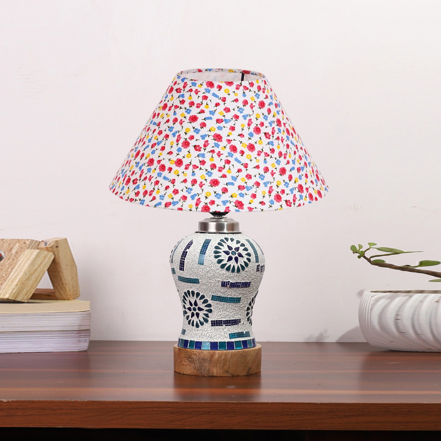 Devansh Conical Multi Cotton Shade Lamp With Wood & Mosaic Glass Base For Decoration/Office/Home/Gifting/Study For Decoration/Office/Home/Gifting/Study -(10X10X14.5) Inches -A