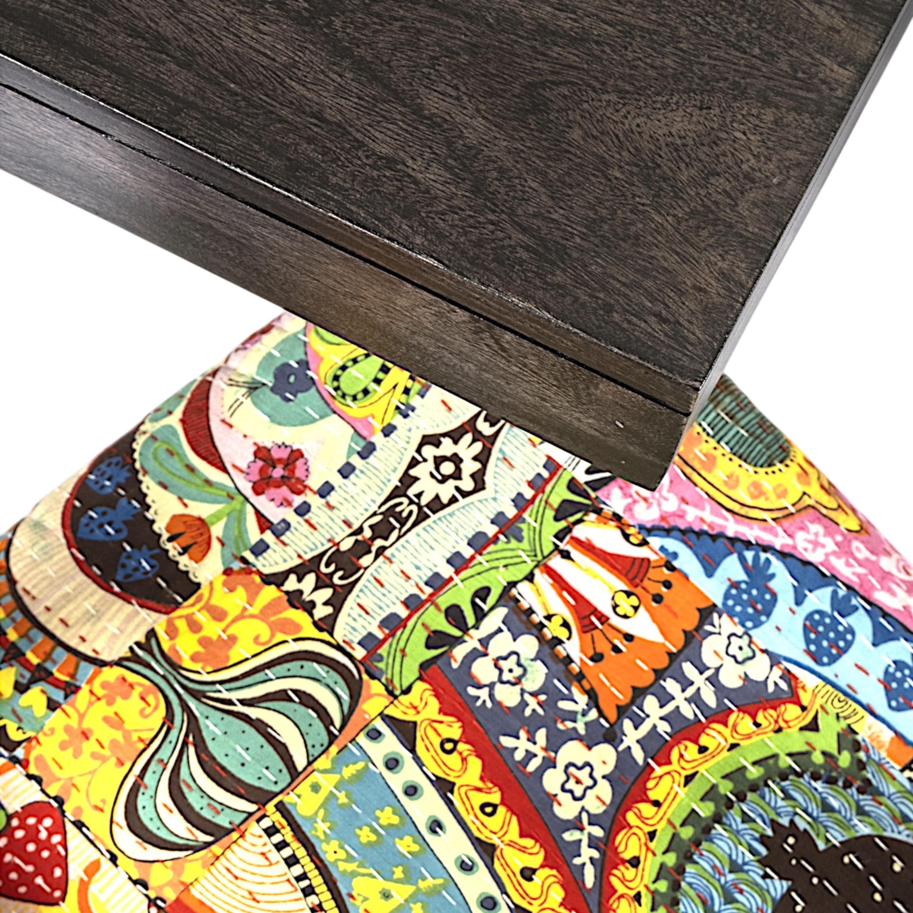 Kingston Sheesham Wood 4 Seater Dining Table Set in Mahogany Finish & Multi Colour Israel Print Kantha fabric Upholstery