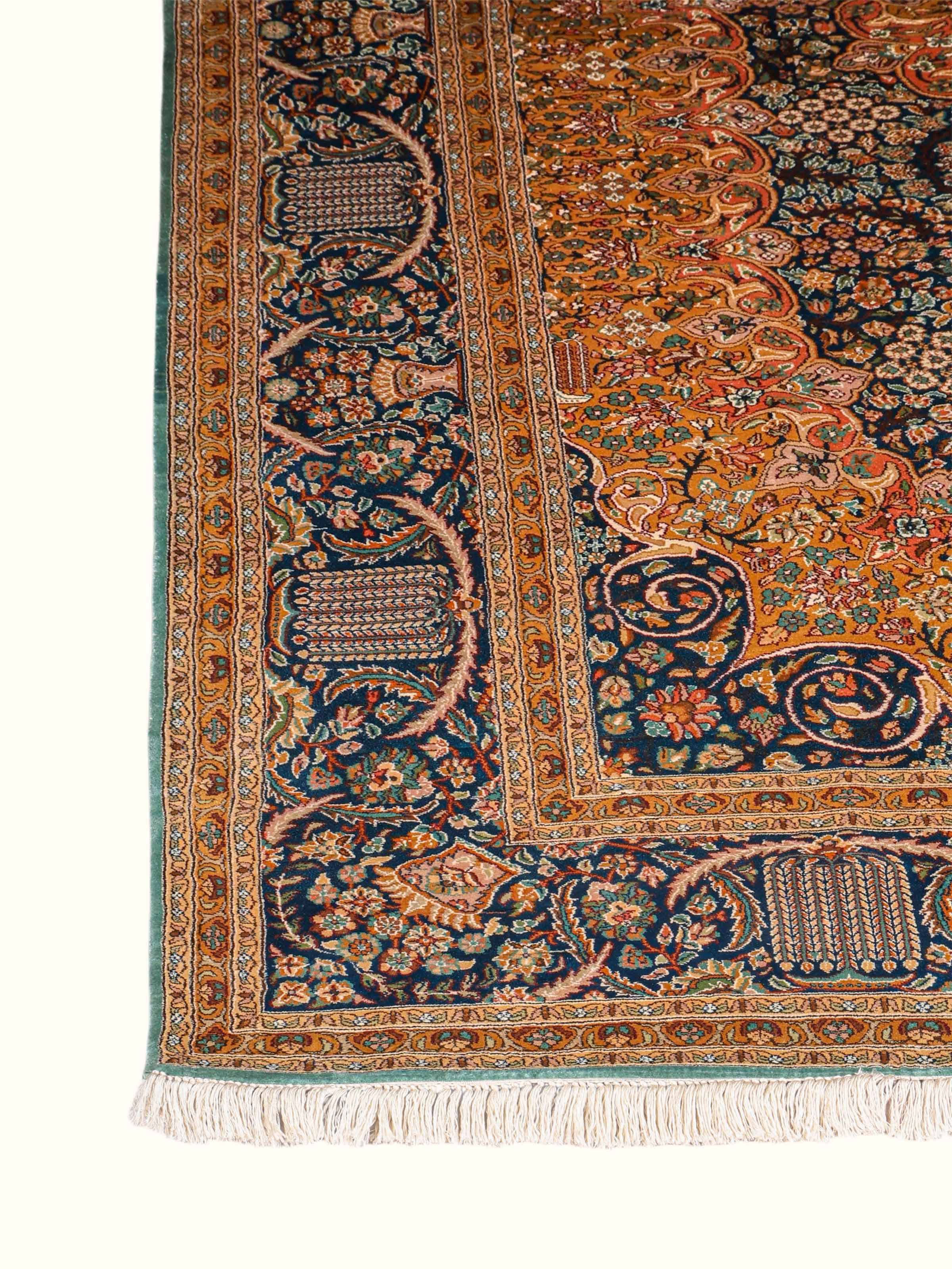 Traditional Persian Navy Ochre Tabriz Kashmir Silk Hand-Knotted Carpet