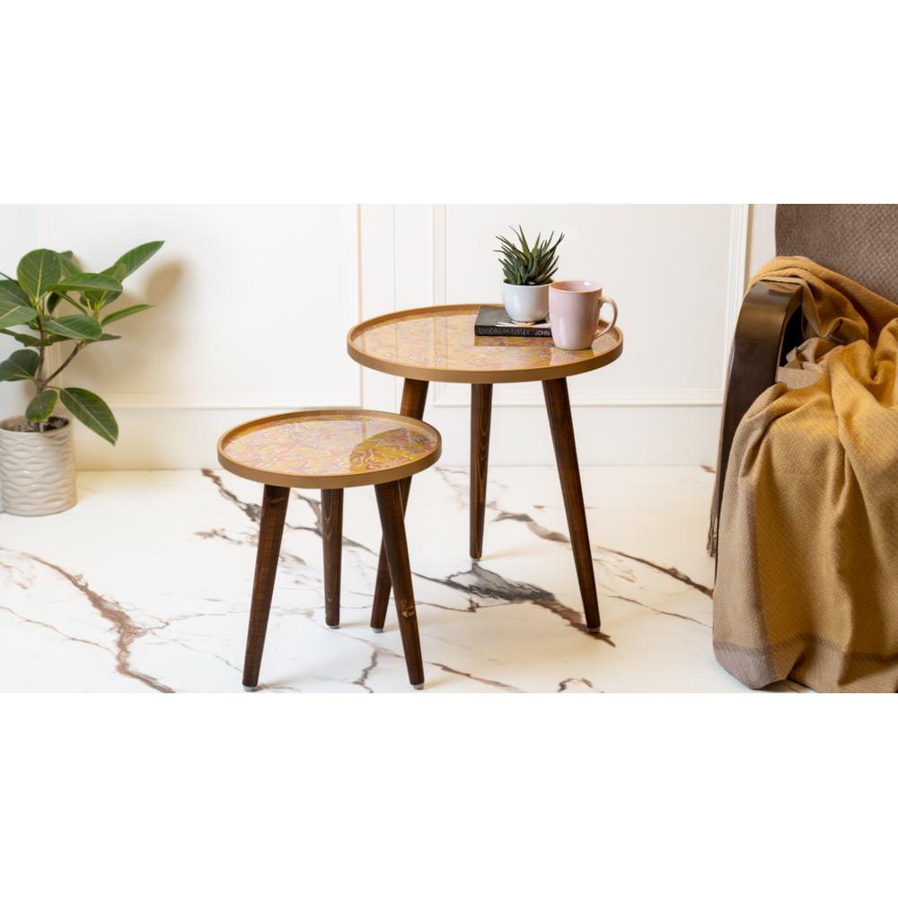 Peach and Gold Floral Round Nesting Tables with Wooden Legs, Side Tables, Wooden Tables, Living Room Decor by A Tiny Mistake