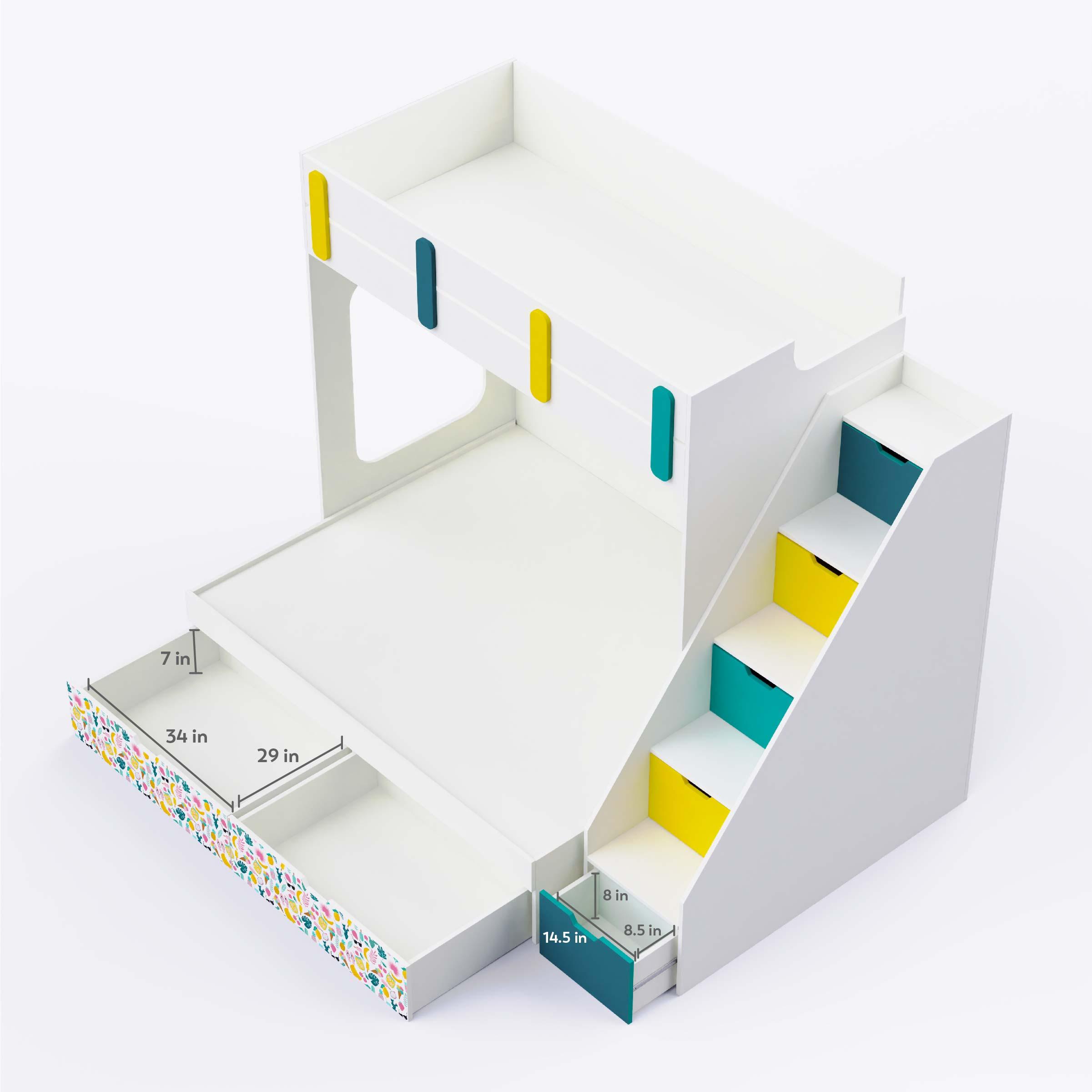 Pattern Dreams Bunk Bed  6X5 (Drawers On Wheels) In White & Teal Colour