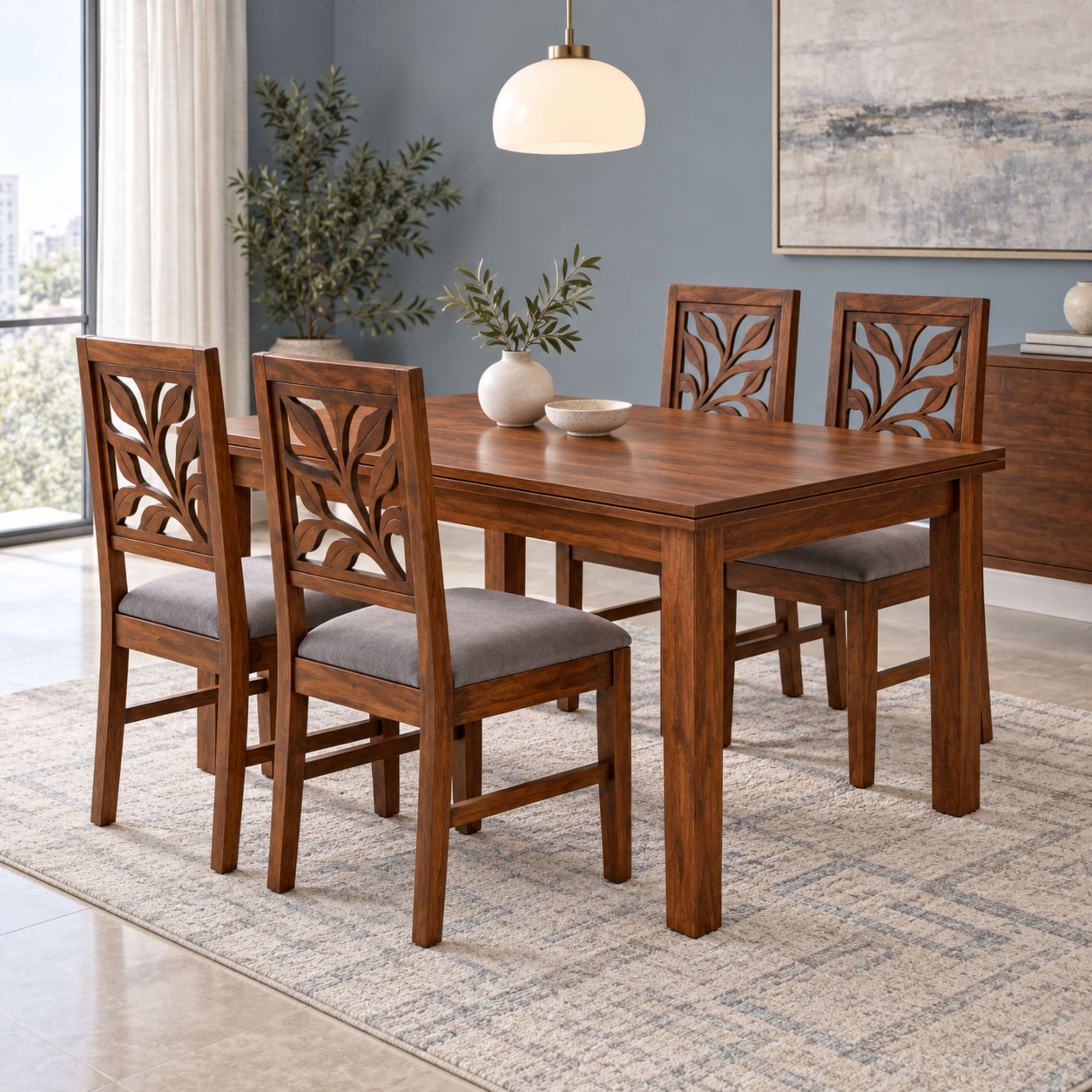 Globally Indian Patrika Solid Sheesham Wood 4 Seater Dining Table Set 4 Chairs Grey