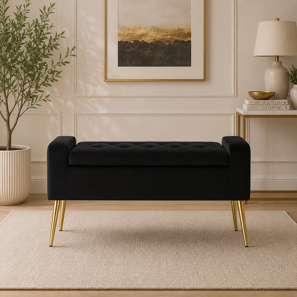 Doe Buck Upholstered Storage Bench in Black Colour with Gold Legs - Doe Buck