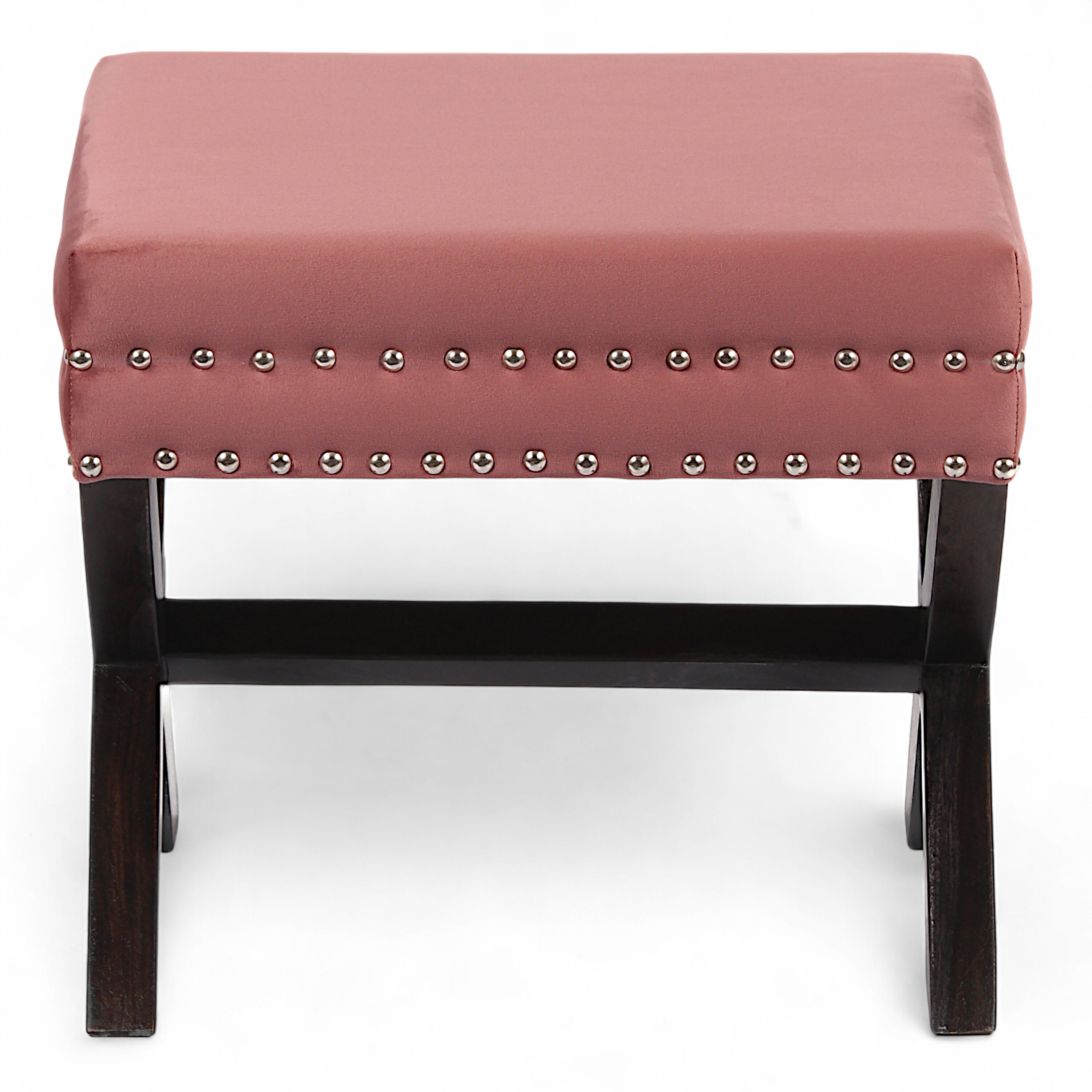 Rosslyn Solid Wood Pouf Stool in Coral Pink Velvet