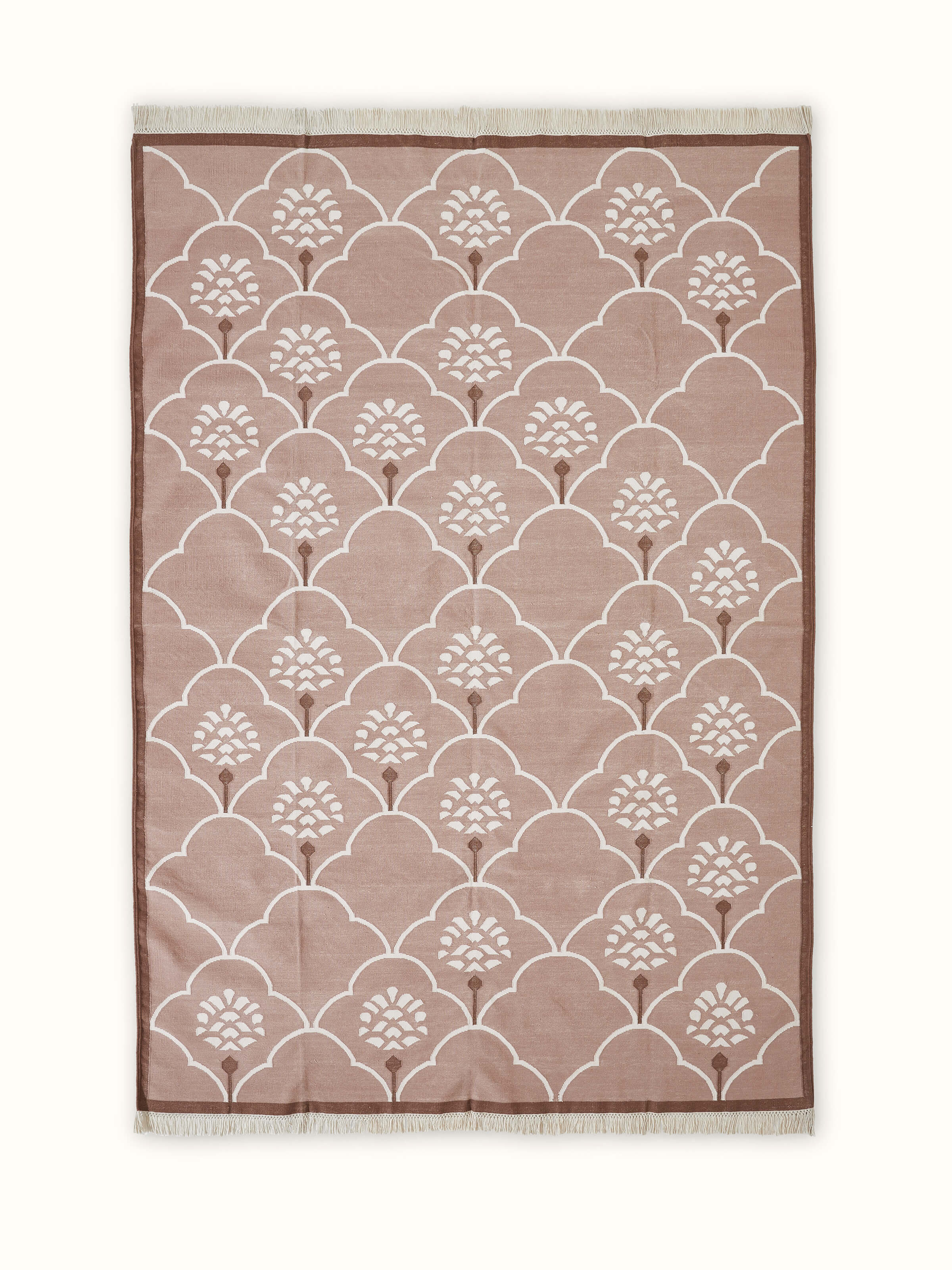 Front view of Stylised floral beige lawan cotton panja dhurrie showcasing its intricate floral patterns