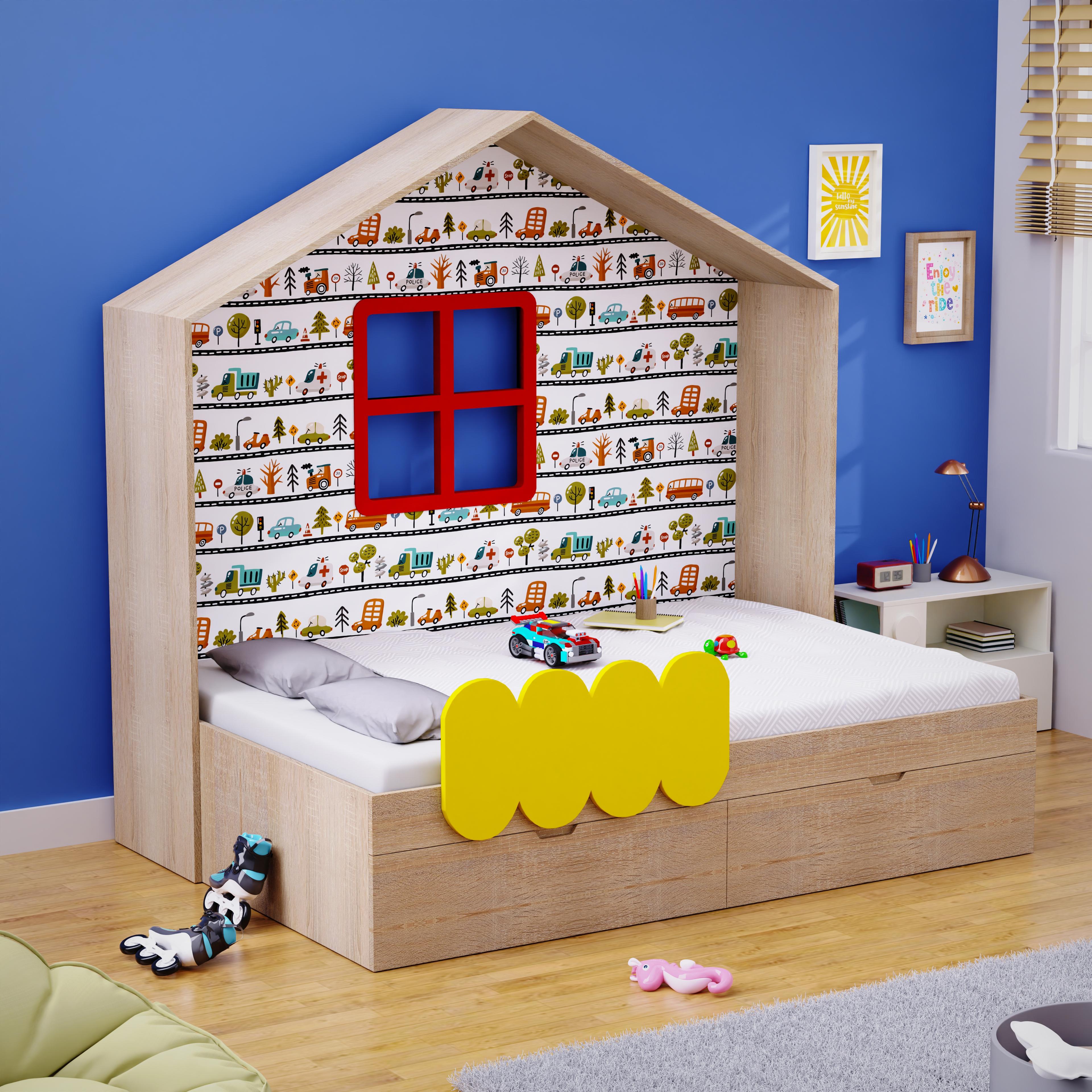 Little Hut Bed  6X3 ( Drawers On Wheels) In Oak & Yellow Colour