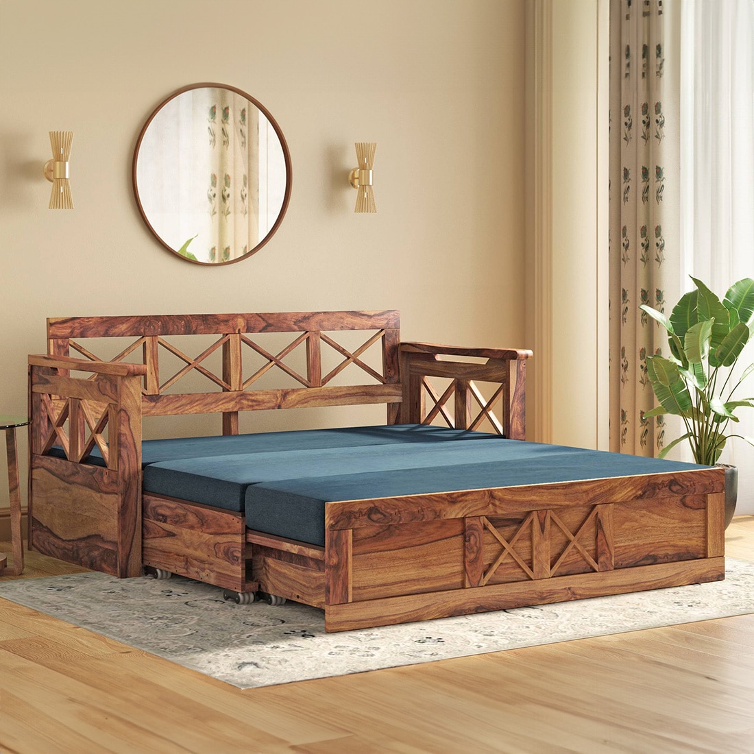 Bram 3 Seater Pull Out Sofa cum Bed In Delft Blue Colour - Urban Ladder