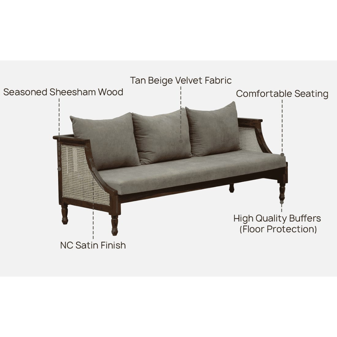 Colen 3 Seater Seater Wooden Sofa in Grey Fabric