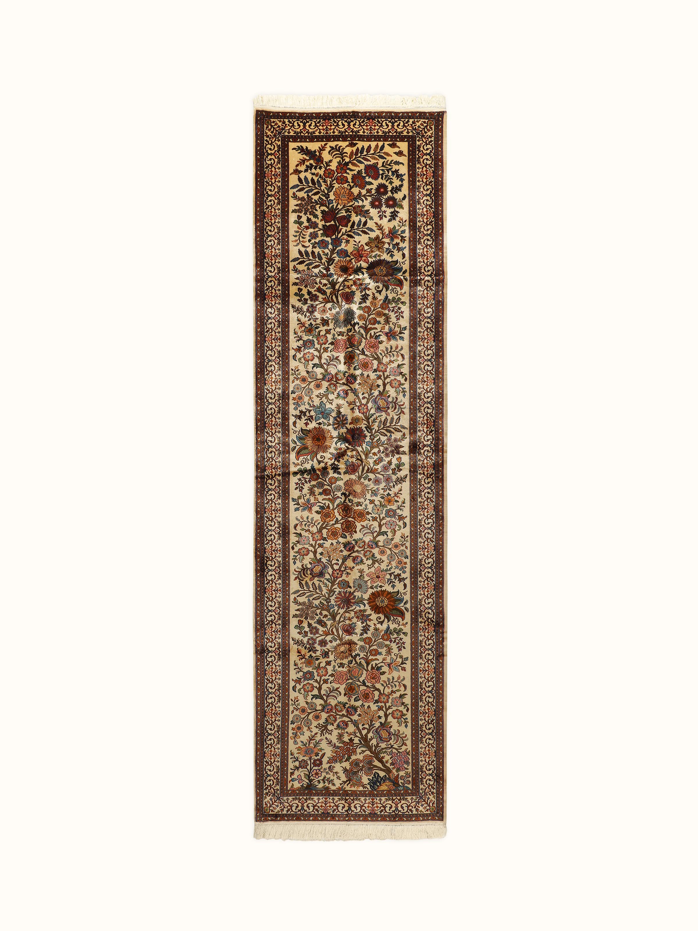 Traditional Persian Ivory Baagdar Kashmir Silk Hand-knotted Runner