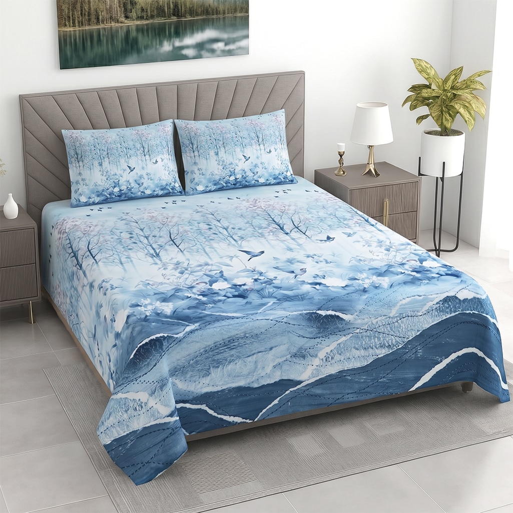 Blue Digital Print 400 Tc  Cotton Flat  Super King Size Bedsheet With 2 Pillow Cover