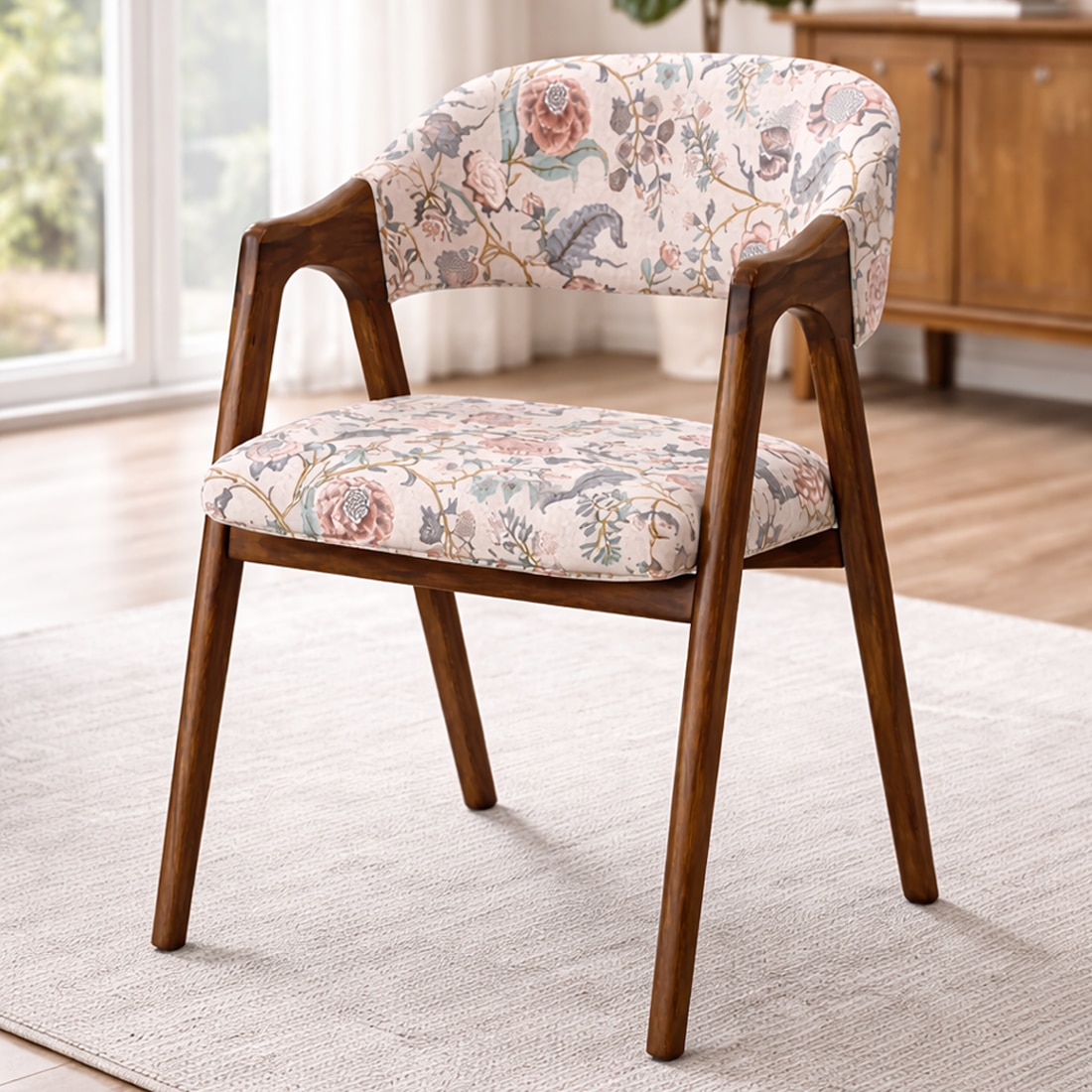 Tashi Solid Wood Dining Chair in Teak Finish & Floral Colour - HomeDfy