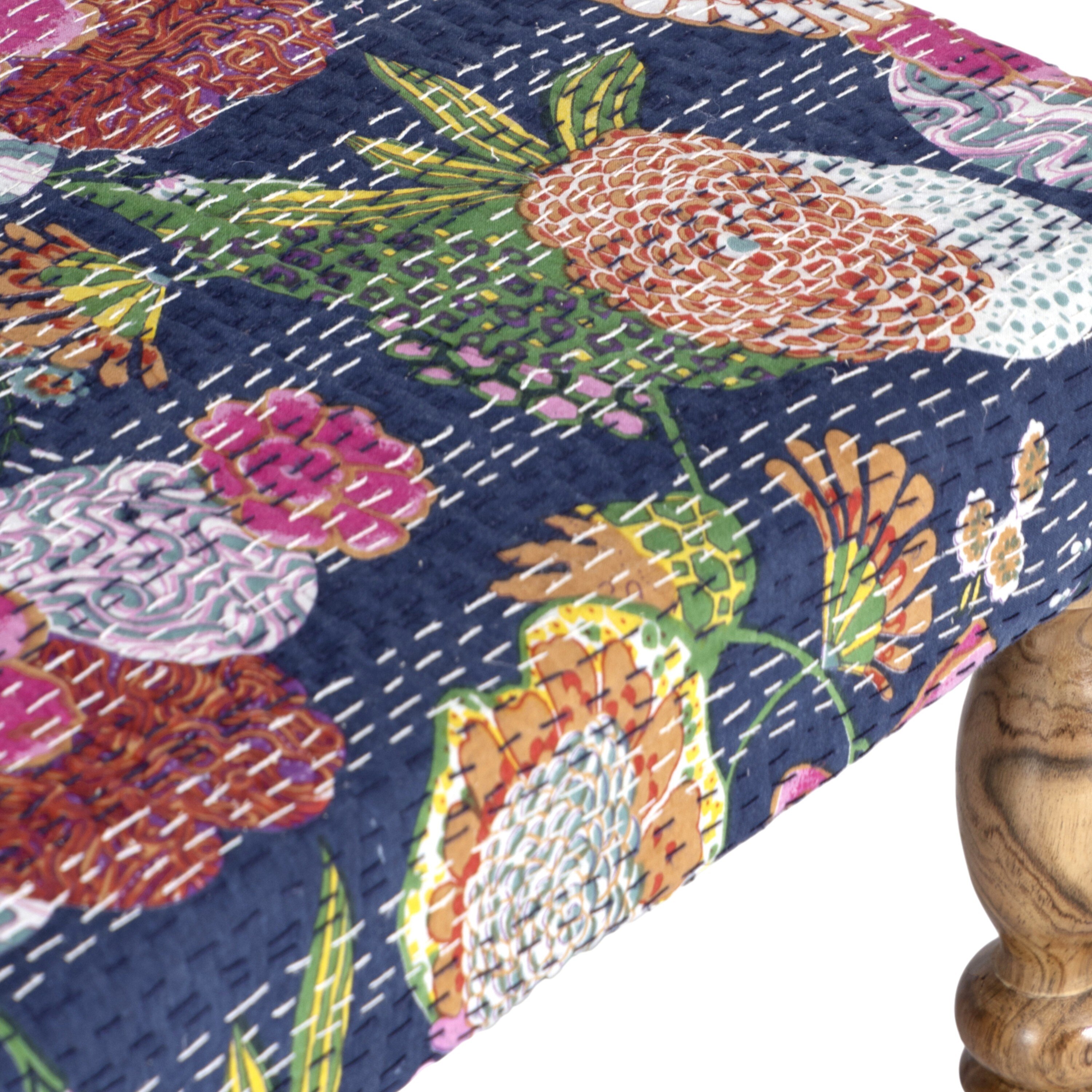 Bestone Sheesham Wood Mid Century 2+1+1 Seater Bench Set With 2 Stools In Fruit Print Blue Kantha