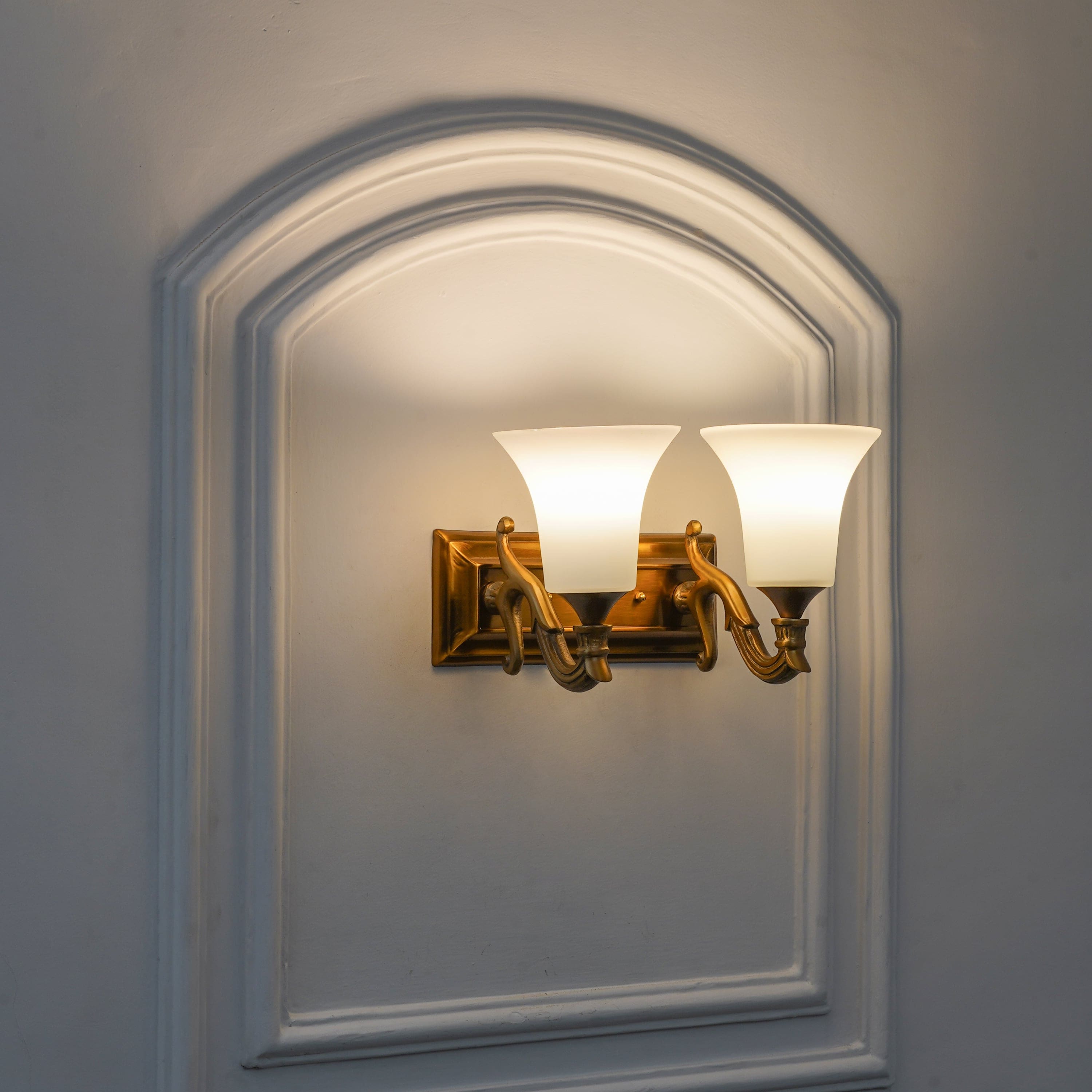 FRANKLIN 2 Light Brass Wall Fitting with Frosted White Glass