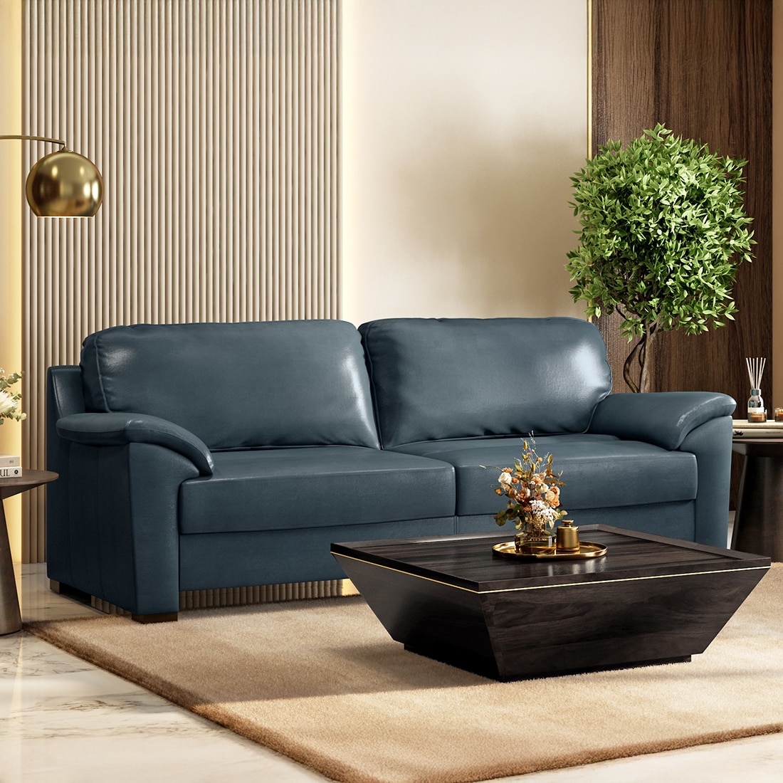 Farina 3 Seater Luxury Italian Leather Sofa In Aegean Sea