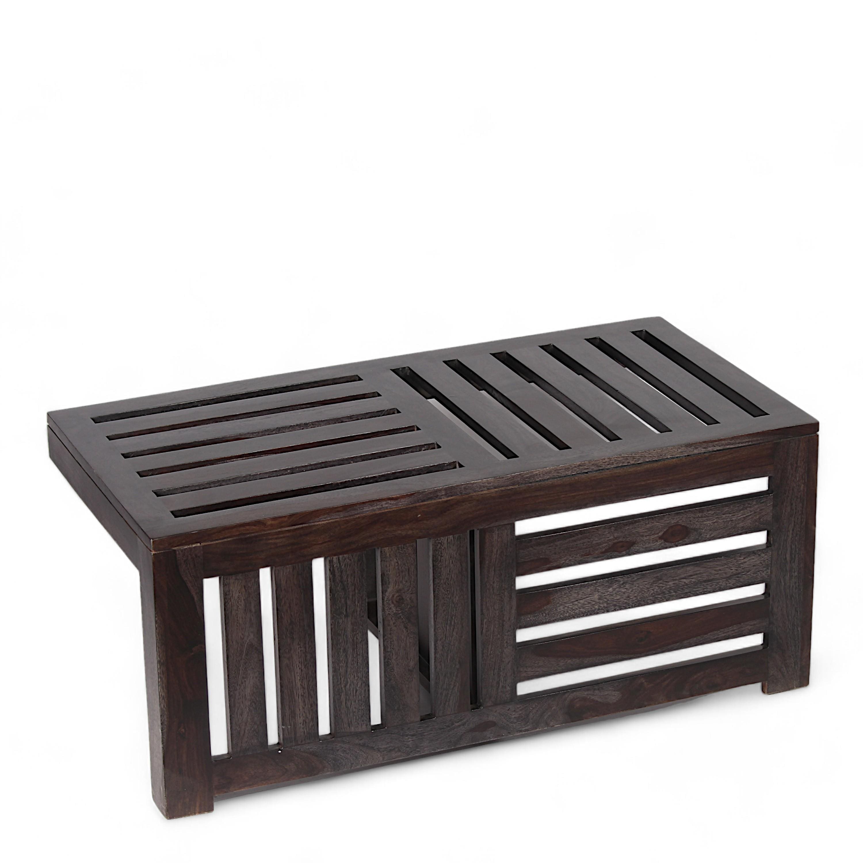 Irish Sheesham Wood Coffee Table With 2 Stools Set In Mahogany Finish & Multi Colour Israel Print Kantha Fabric Cushions