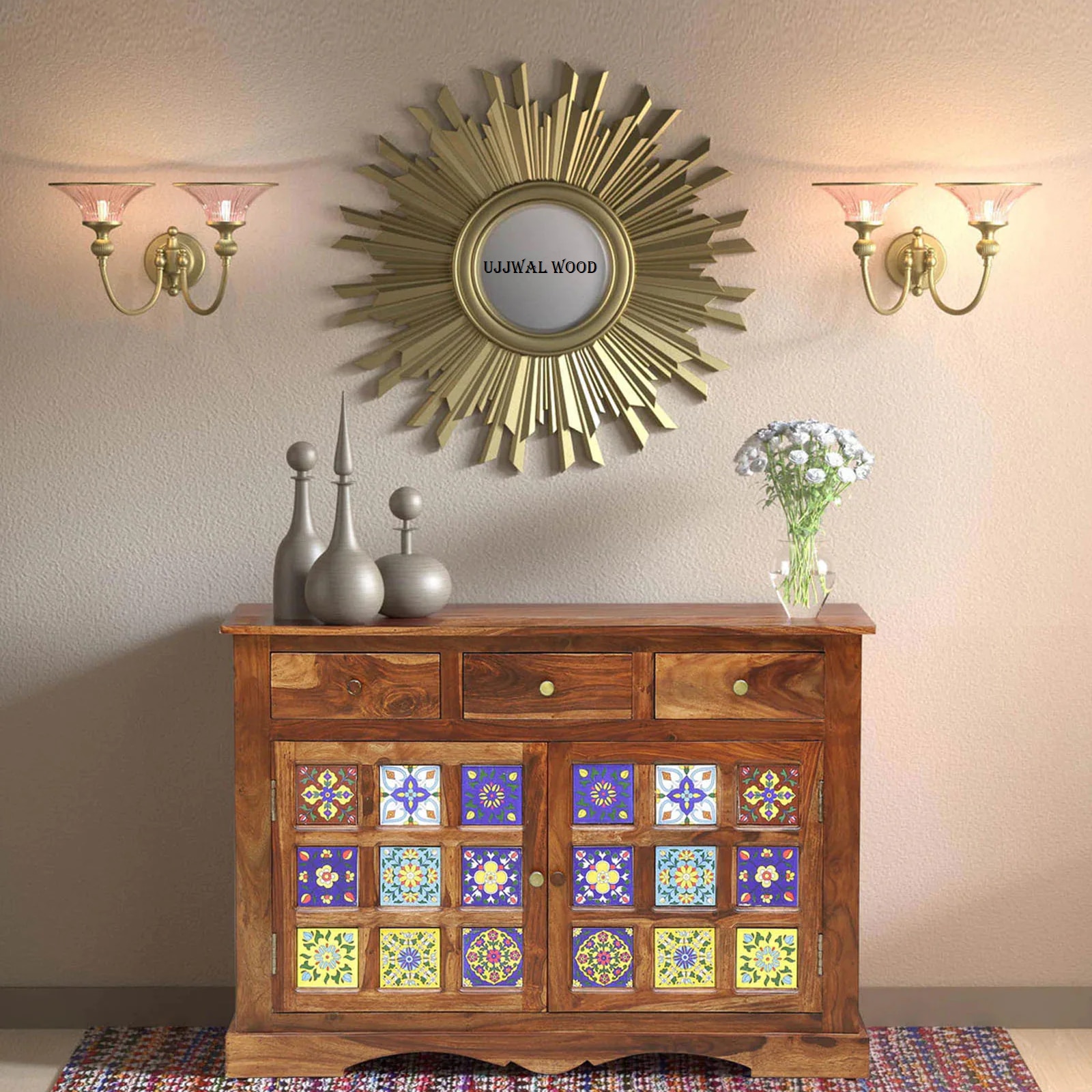 Sheesham Wood Sideboard In Rustic Teak Finish - Ujjwal Wood