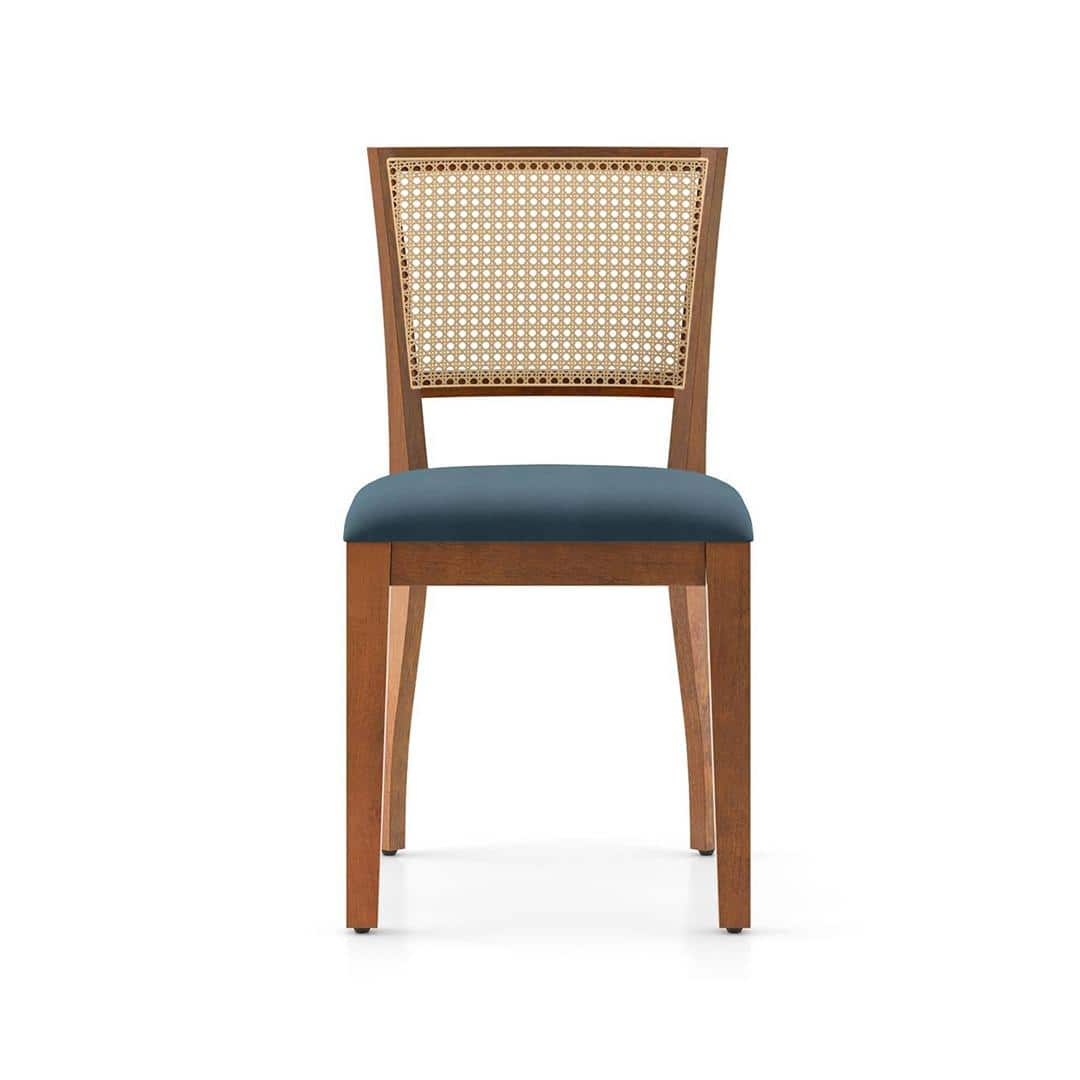 Reed Solid Wood Dining Chair Set Of 2 In Finish Amber Walnut And Colour Night Blue Velvet