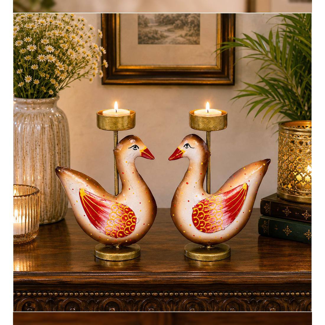 Desert Art Metal Handpainted Duck Tealight Holder Set of 2 - Desert Art