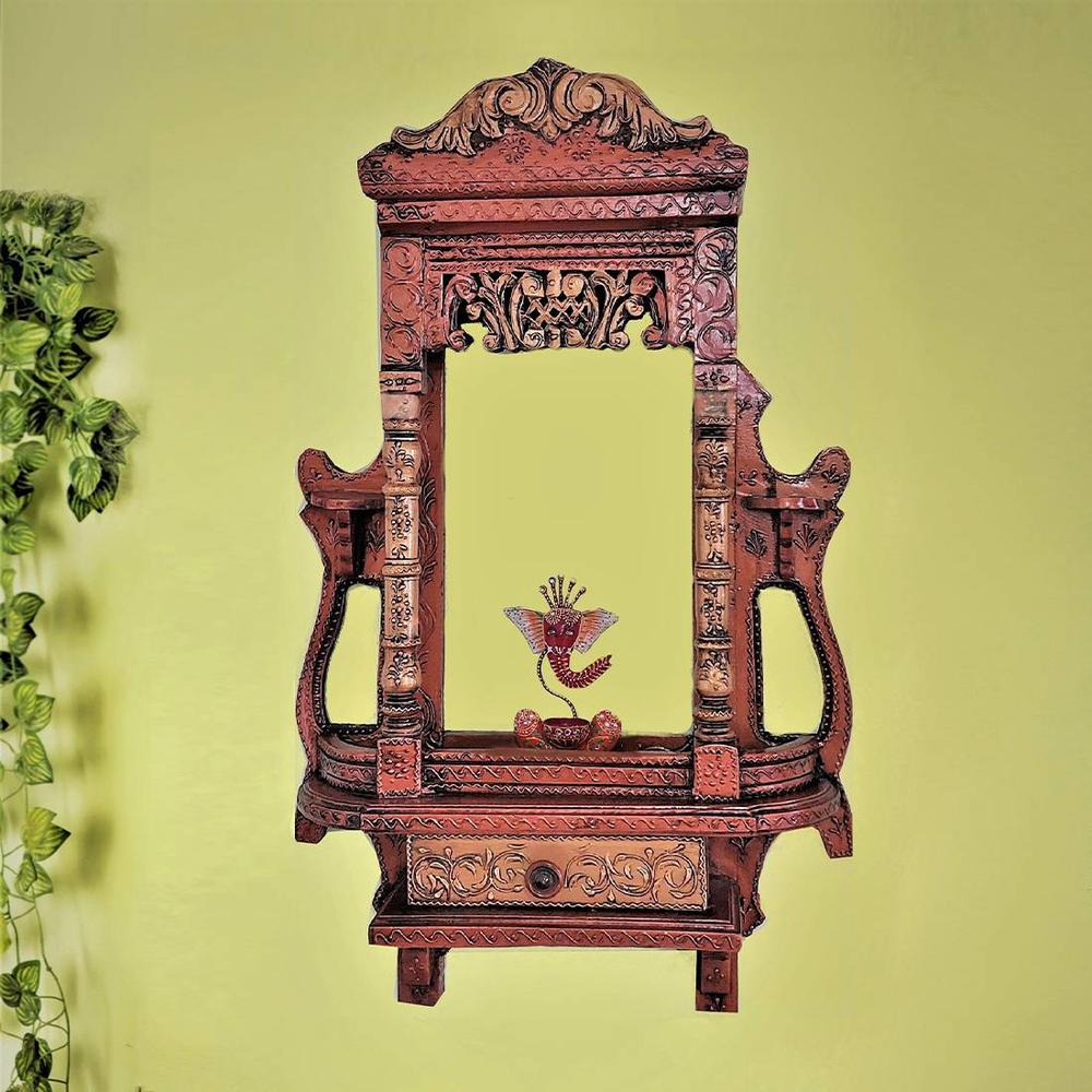 Handmade Wooden Brown Jharokha cum Pooja Shelf with Drawer