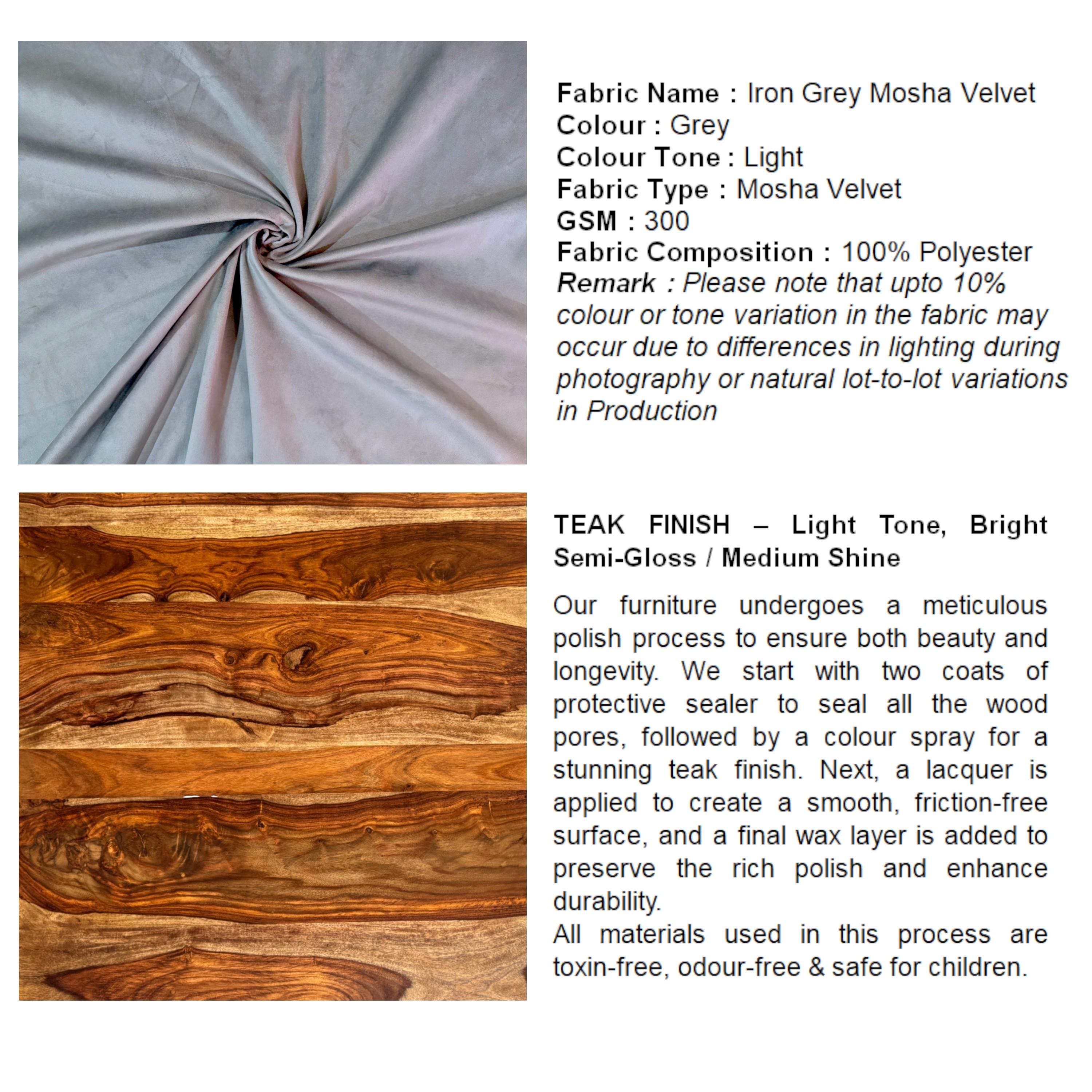 Cairo Sheesham Wood Accent 3 Seater Bench In Iron Grey Velvet