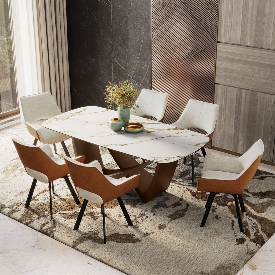 Paloma 6 Seater Pluto Spanish Ceramic Dining Table With Set of 3 Casey Dining Chairs