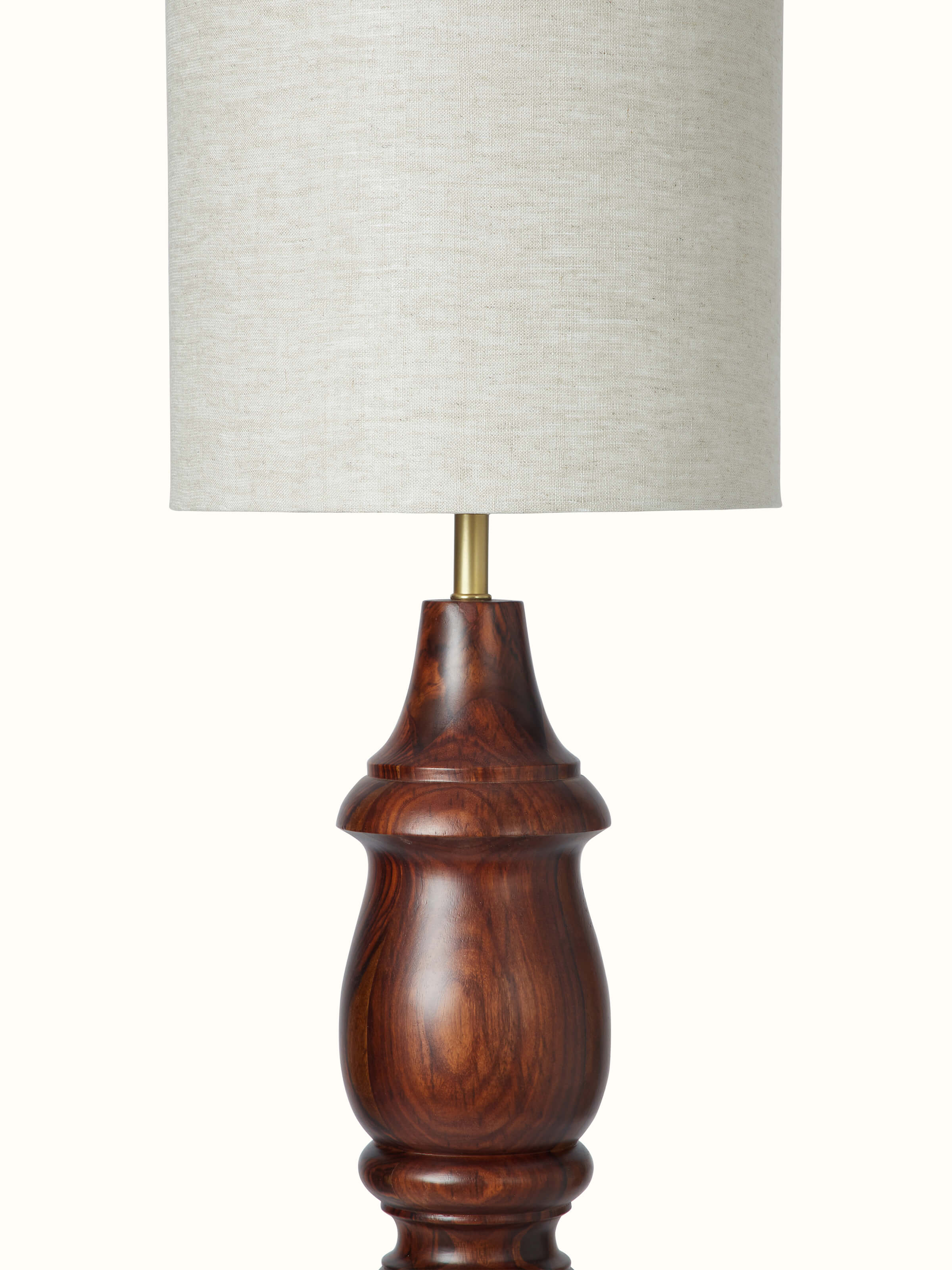 Side view of wood & cotton fabric floor lamp, highlighting the modern design and quality materials used