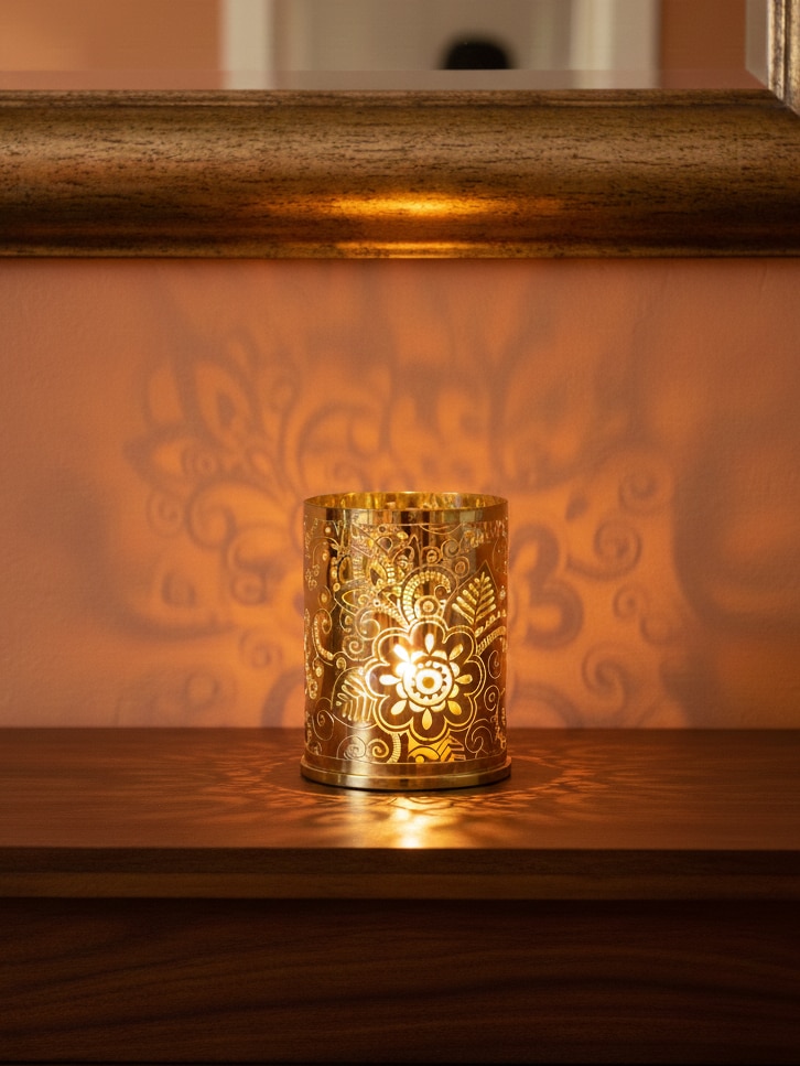 Lifestyle view of Silver-plated Round Paisley T-light Holder
