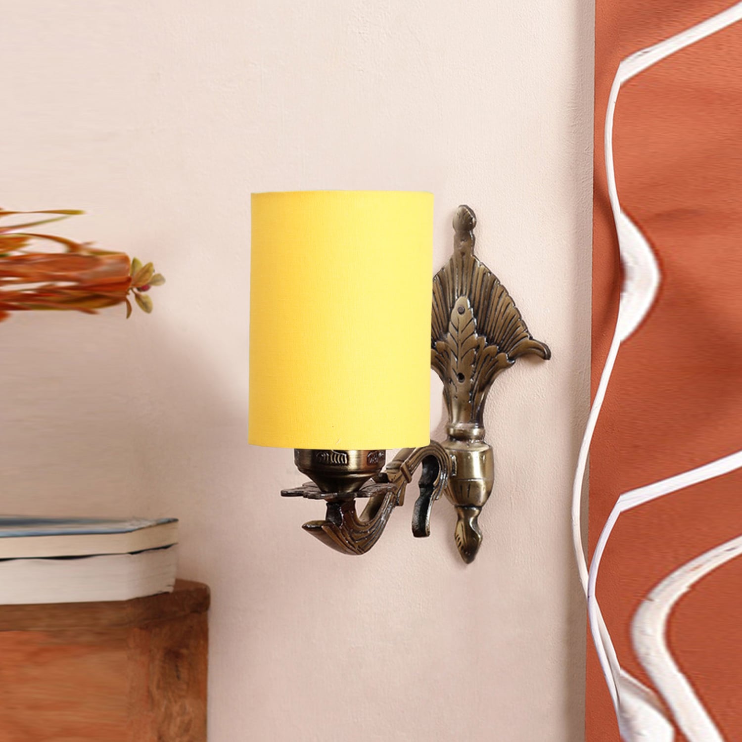 Devansh Metal Electric Wall Light in Antique Gold Colour with Yellow Shade Count of 1 Light - Devansh