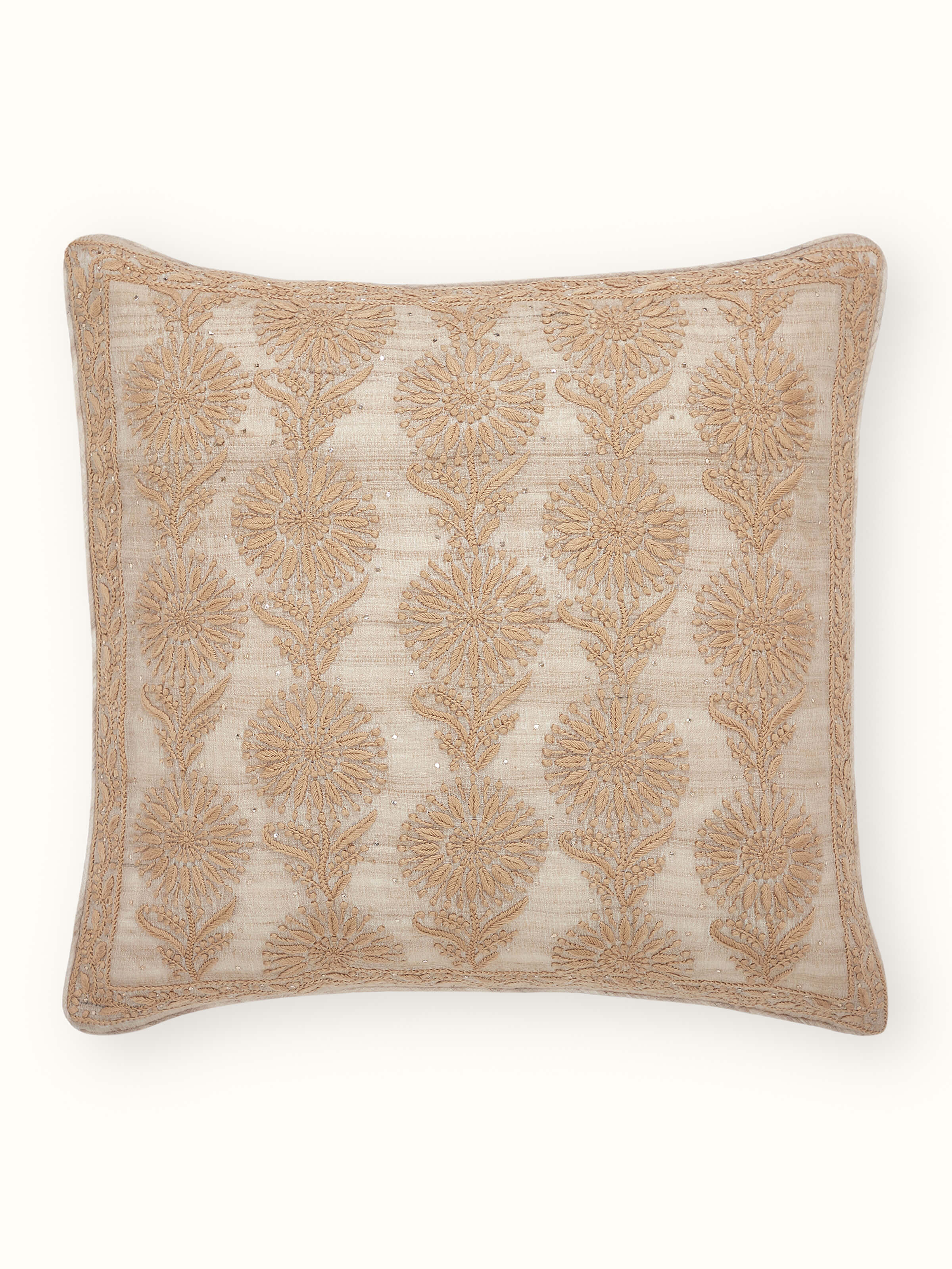 Pragya Beige Buta Tussar Silk Chikankari Hand Embroidered Cushion Cover