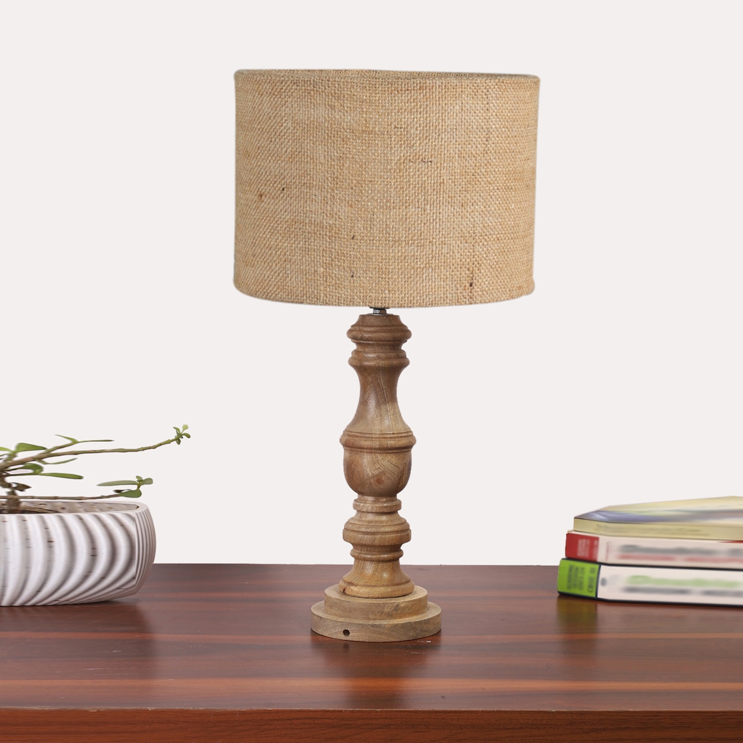 Devansh Beige Jute Table Lamp With  Wood Natural Base (7X17.5 Inches)-9